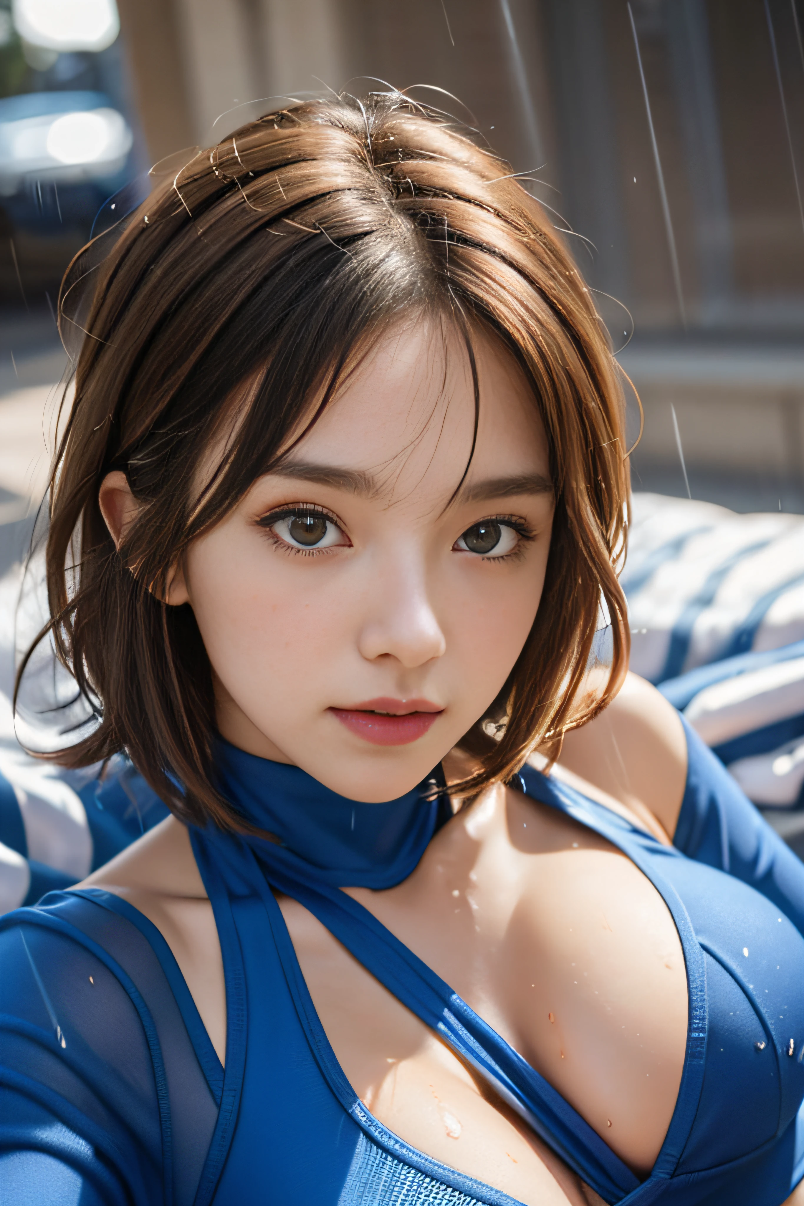 Woman lying in bed, erotic face, ((Best Quality, 8k, Masterpiece: 1.3)), Sharp Focus: 1.2, Beautiful woman with perfect figure: 1.4, Slender Abs: 1.2, ((Layer cut, big: 1.2)), (Rain, Street: 1.2), Wet body: 1.5, Highly detailed face and skin texture, Detailed eyes, (Very Short Hair), (Light Brown Hair), Studio,BDSM,slave,Blue sportswear, high neck, leggings, open legs