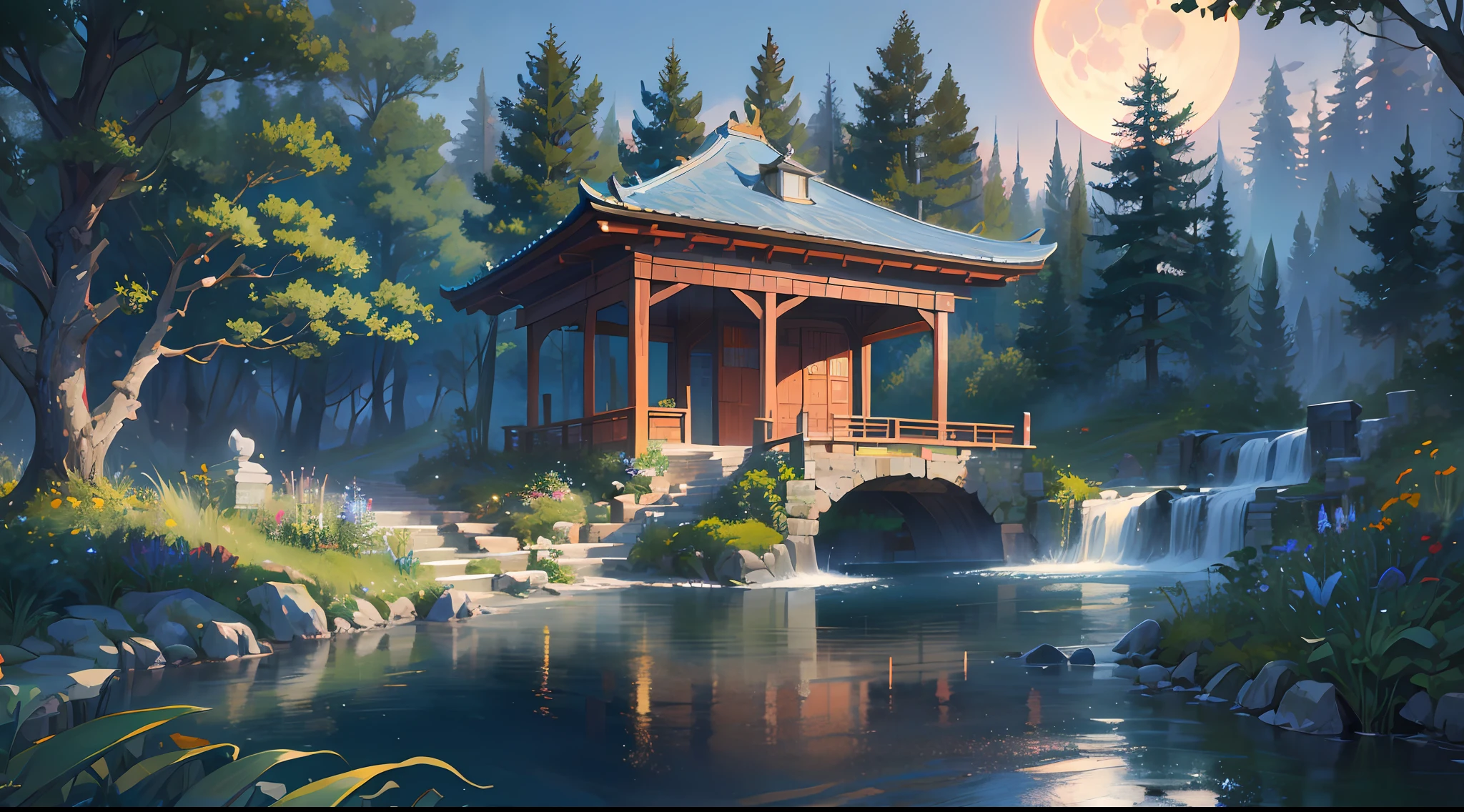 Ancient Chinese architecture, moon, midnight, garden, bamboo, lake, stone bridge, rockery, arch, corner, tree, flowing water, landscape, outdoor, waterfall, meadow, rock, water lily, hot springs, water vapor, (illustration: 1.0), epic composition, realistic lighting, HD detail, masterpiece, the best quality, (very detailed CG unified 8k wallpaper), (very detailed CG unified 8k wallpaper), (very detailed CG unified 8k wallpaper), (very detailed CG unified 8k wallpaper), wallpaper (best quality) --v 6