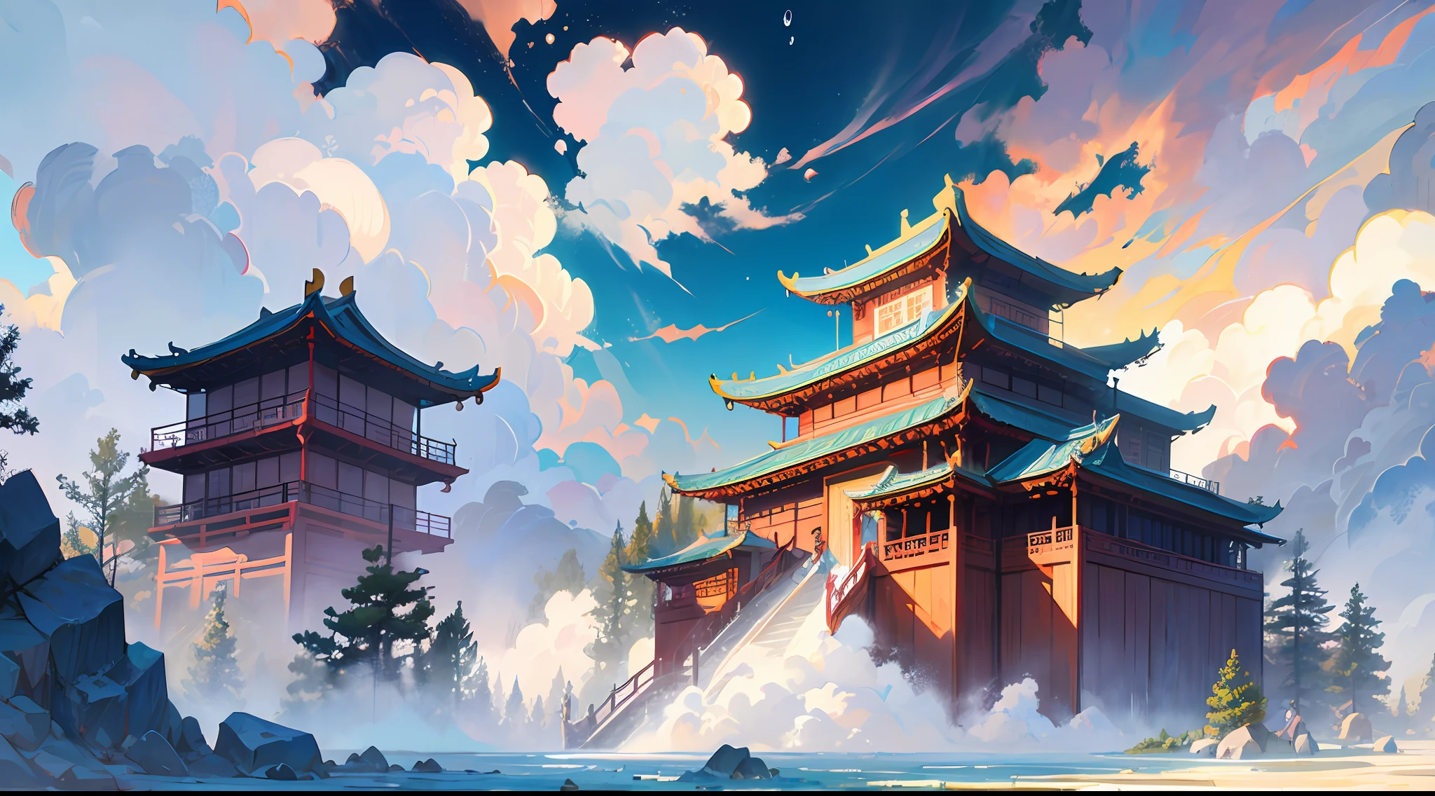 The game scene, the ancient Chinese palace is located above the clouds, Nantianmen, surrounded by clouds and mist, majestic, glazed tiles, Buddha statues, colorful rays of light, ((color ink)), ((splash ink)), (((splash ink))), masterpiece , high quality, beautiful graphics, high detail --v 6