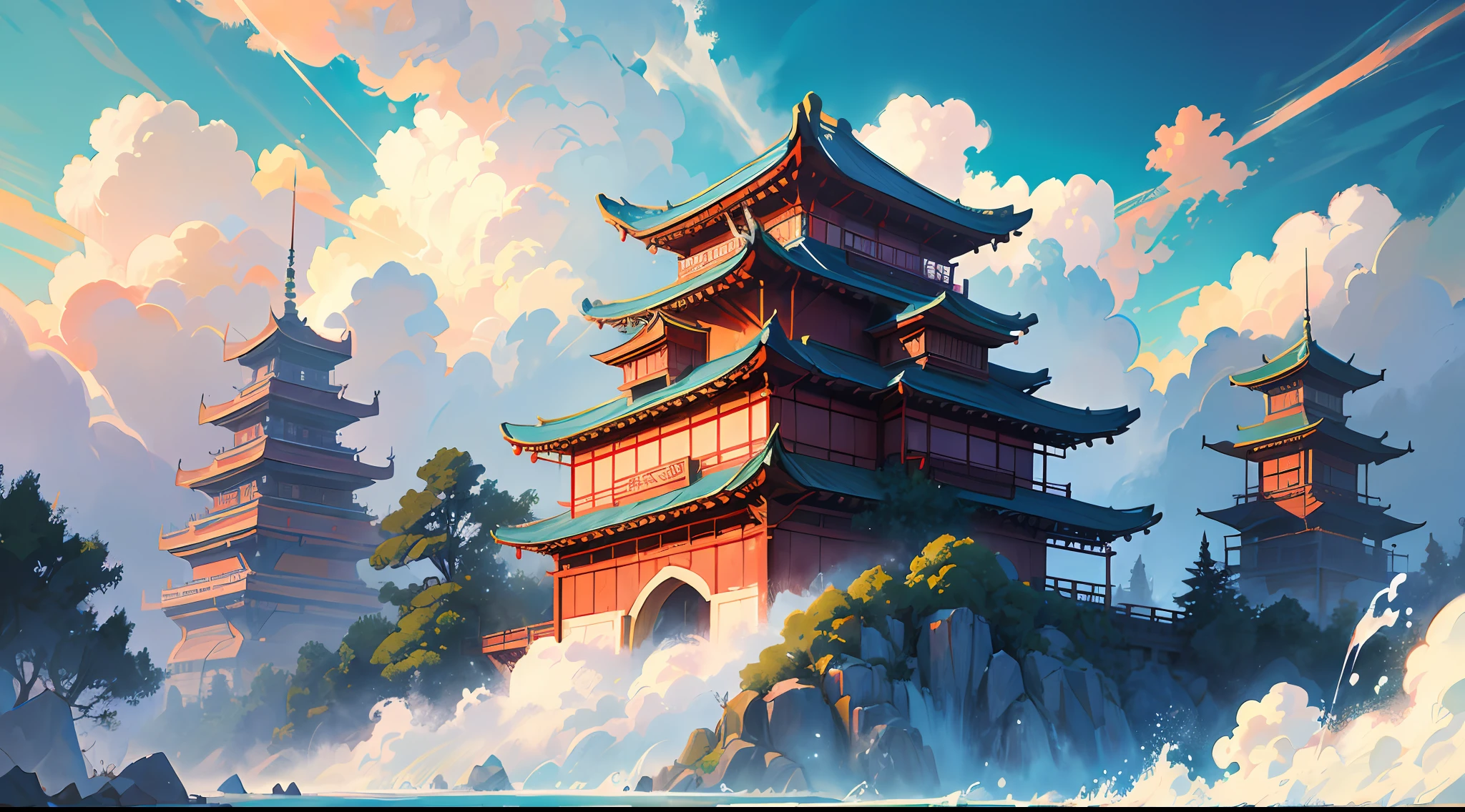 The game scene, the ancient Chinese palace is located above the clouds, Nantianmen, surrounded by clouds and mist, majestic, glazed tiles, Buddha statues, colorful rays of light, ((color ink)), ((splash ink)), (((splash ink))), masterpiece , high quality, beautiful graphics, high detail --v 6