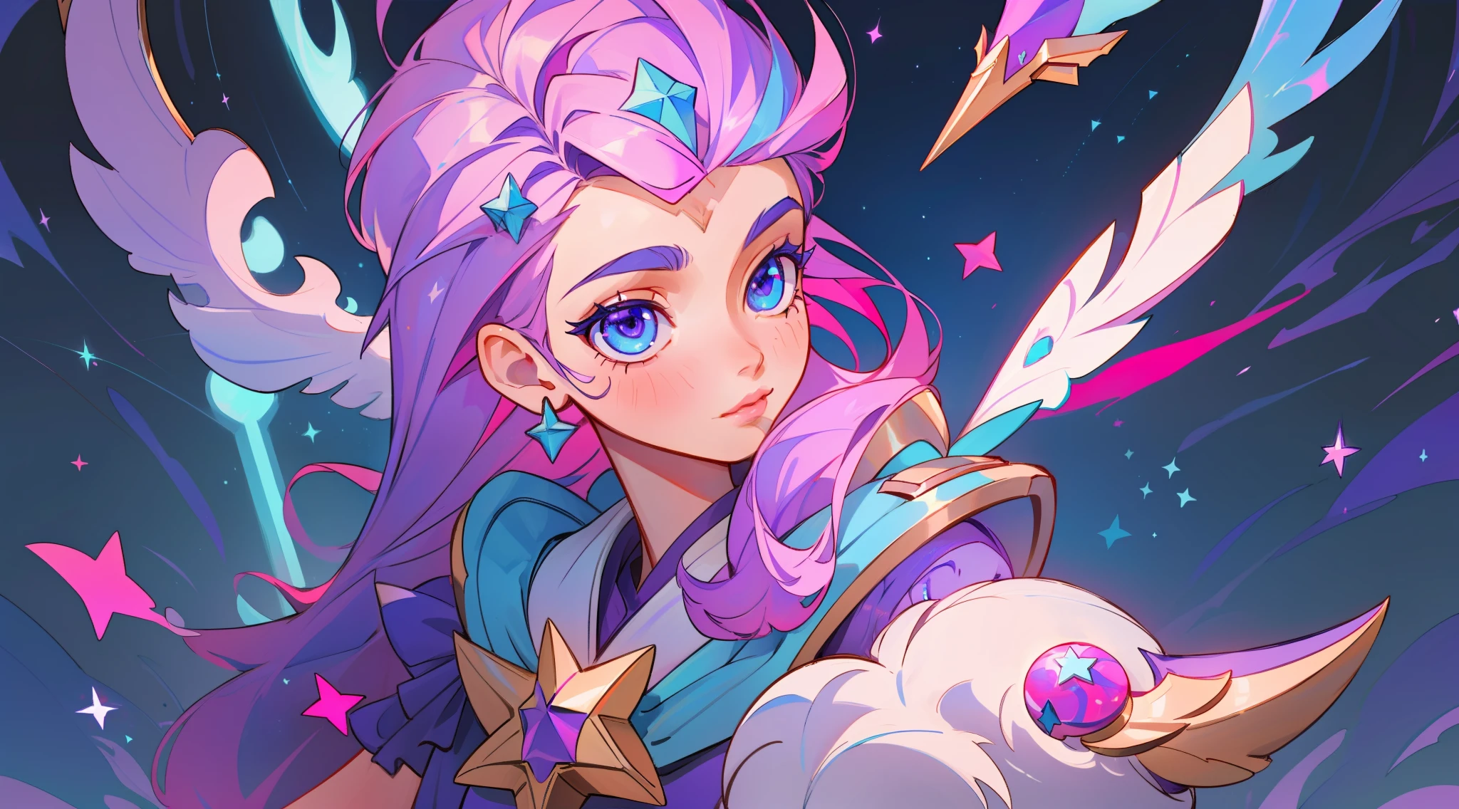 (masterpiece, best quality), intricate details, 8k, artstation, sharp focus, 1girl, star guardian, league of legends, (pink, purple, blue color theme)