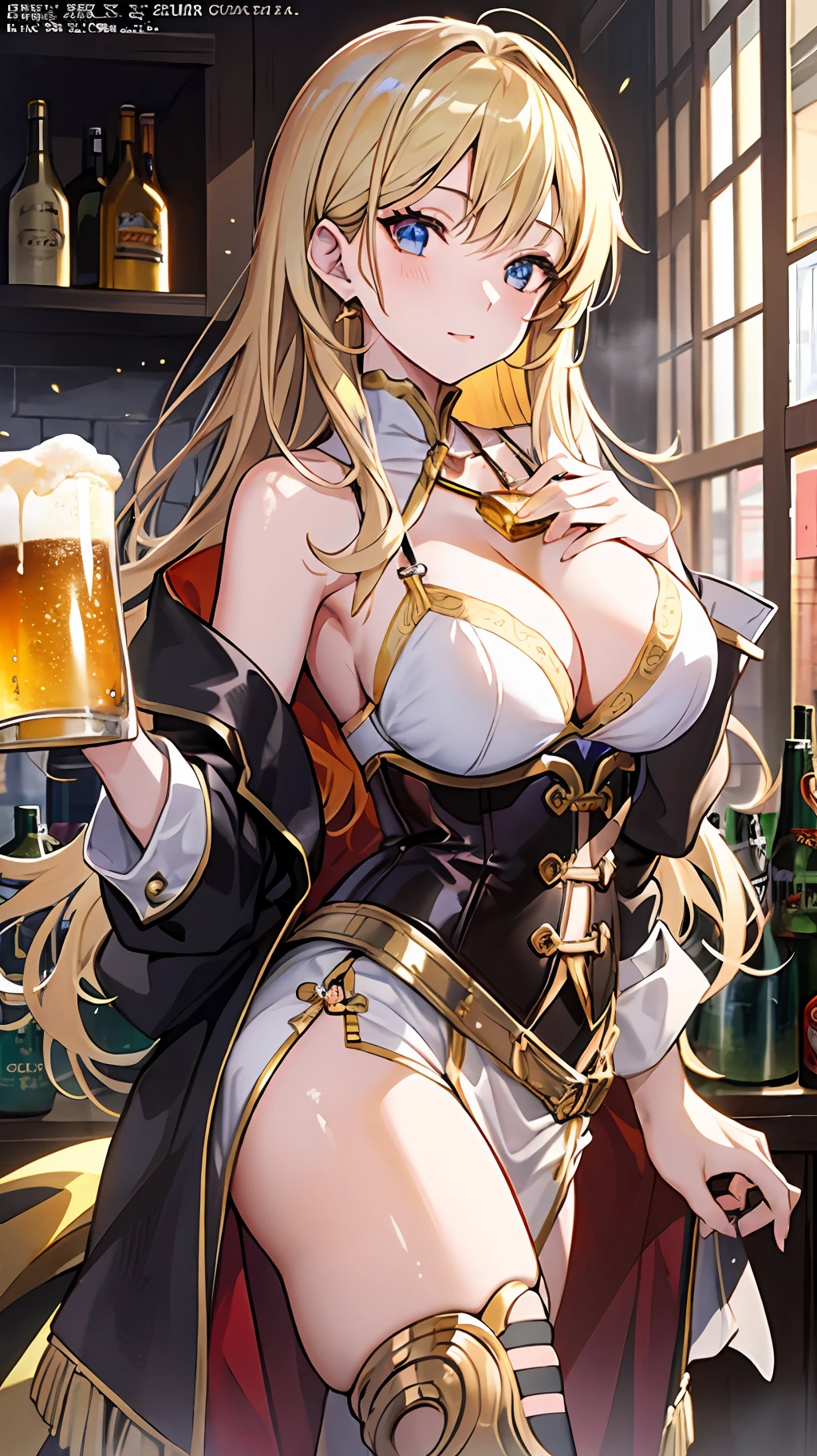 anime girl in a gold outfit holding a beer, Seductive Anime Girl, draped in shiny golden oil, anime goddess, Top Rated on pixiv, Gold Bra, beautiful alluring anime woman, golden corset, at pixiv, band of gold round his breasts, with a drink, cushart krenz key art feminine, Very detailed ArtGerm, marin kitagawa fanart