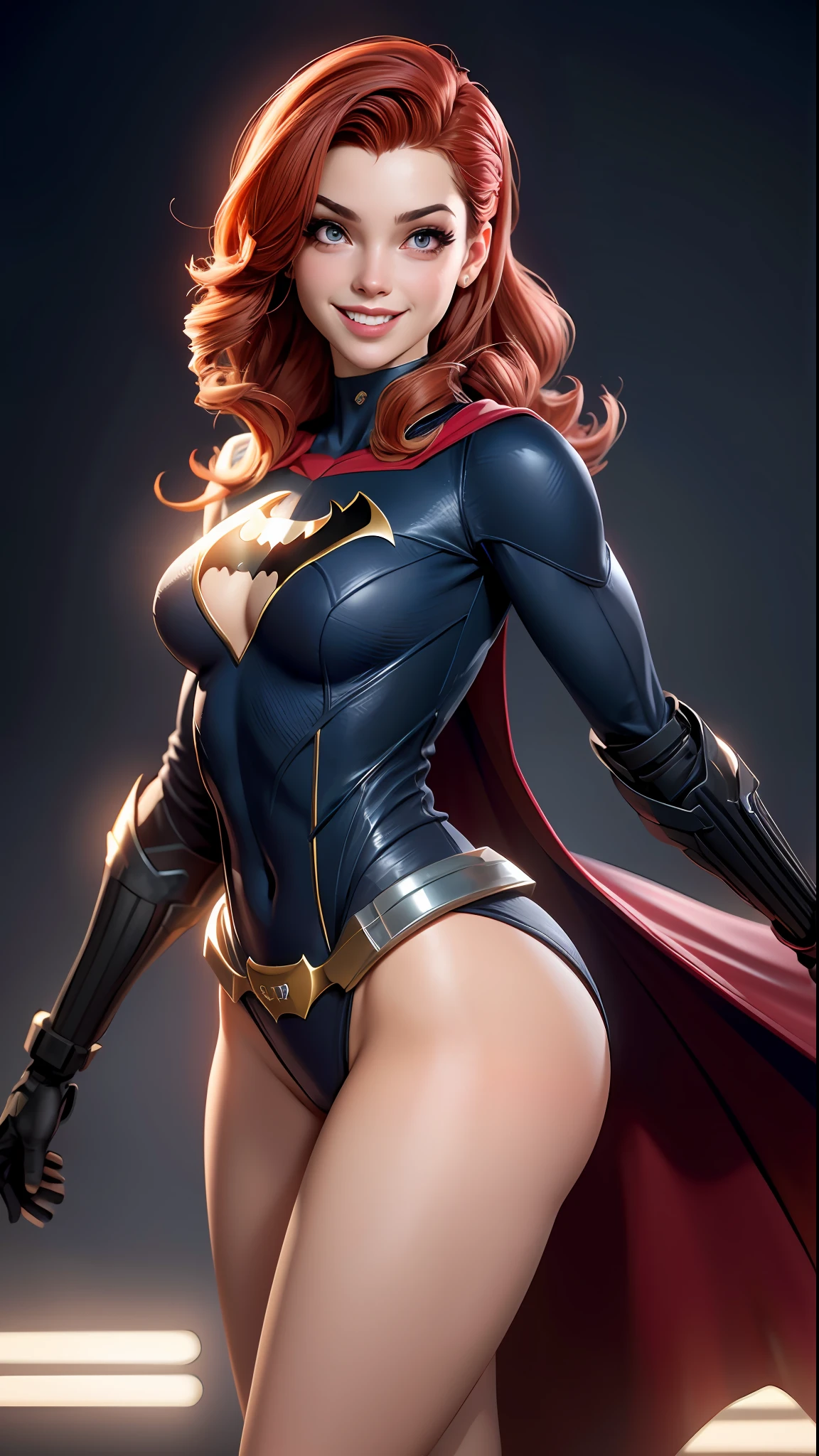 Batgirl body defined thick thighs cybernetic body parts , short underwear, ruiva de olhos azuis, Superman S symbol on chest, rosto detalhado, linda, sorriso lindo, cabelo vermelho,