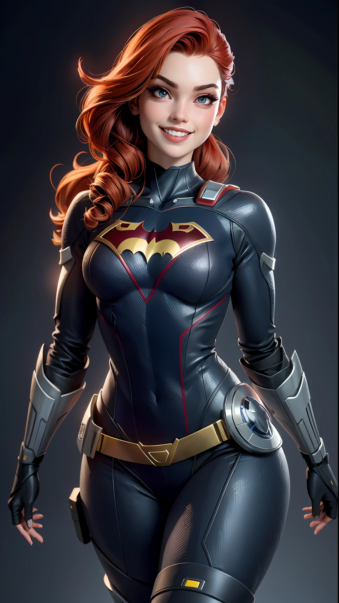 Batgirl body defined thick thighs cybernetic body parts , short underwear, ruiva de olhos azuis, Superman S symbol on chest, rosto detalhado, linda, sorriso lindo, cabelo vermelho,