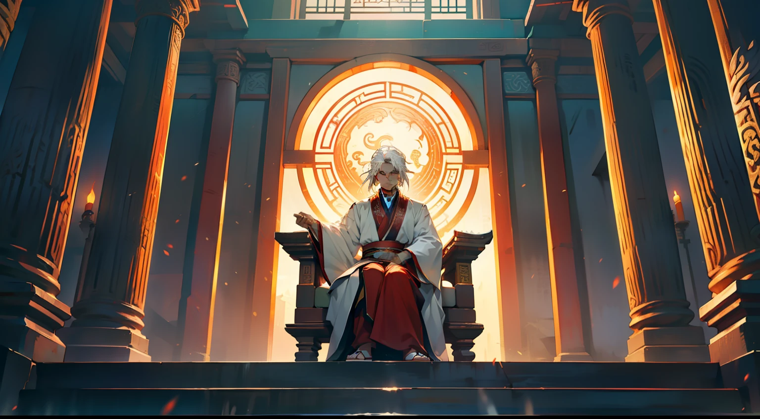 18. (The boy, with (((white hair))), dressed in white Hanfu, sits on the sacred throne, looking disappointed) (Background: A magnificent ancient imperial palace, resplendent with gold and jade).