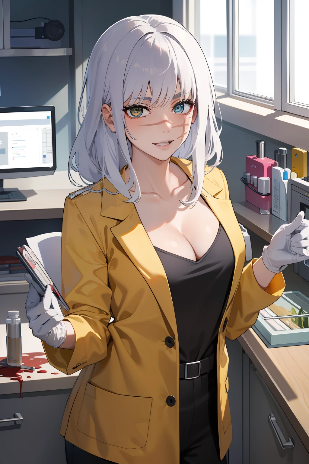 master work, best qulity, detailded, seulement, 1fille, Yoru, chimiste, bas, seductive pose, rideaux de poitrine, Gants, Souriant, attentive, compatissant, interagir, amical, chaleureux, laboratoire, laboratoire, poste de chimiste, outils de chimiste, Scientific equipment, fournitures, Cheveux courts, seins moyens, beaux yeux bruns, décolleté, gros seins, transpiration, rougissement, respiration lourde, wearing a yellow lab coat with blood stains on it, masque chirurgical, Medical gloves