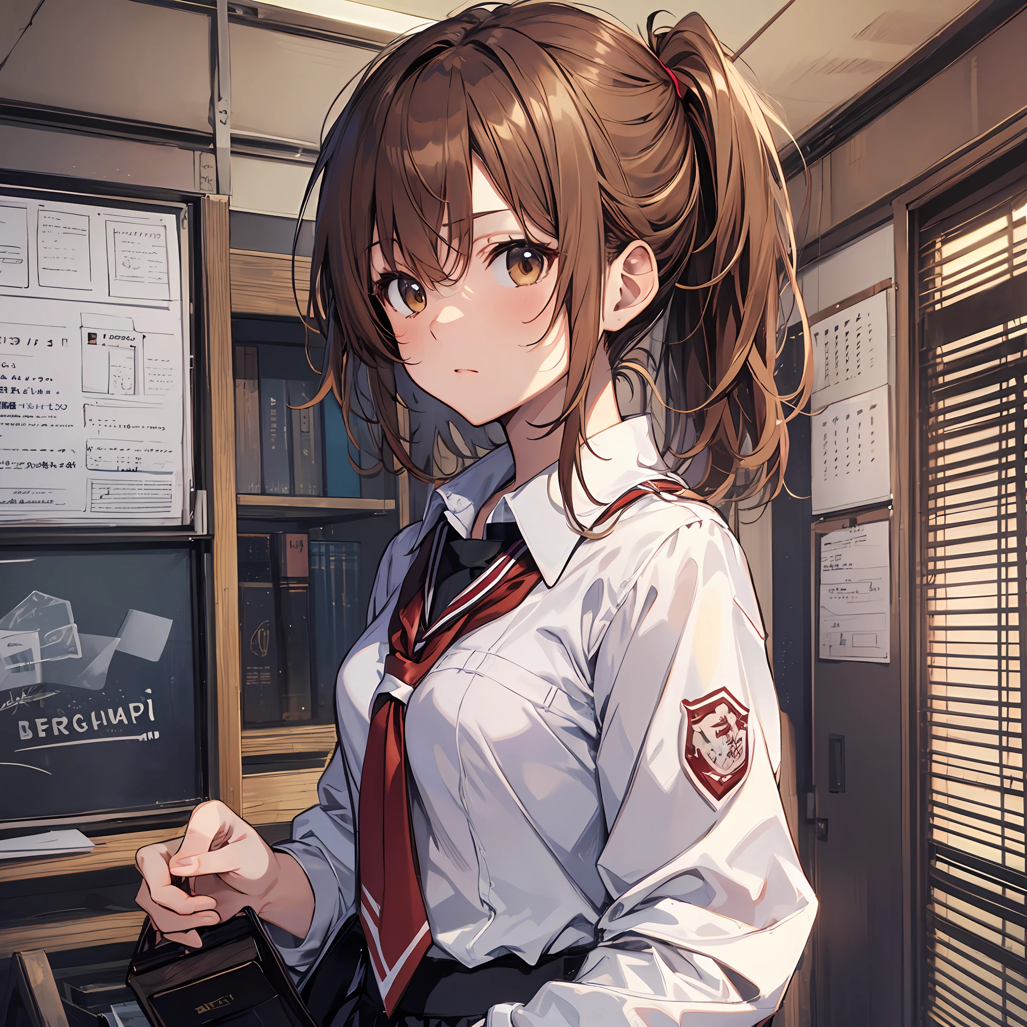 masterpiece, highest quality, Misaka_mikoto, Brown-eyed, Short poneyTail Oops_Hair, Small_Breast,)Tokiwadai High School Uniform randome pose Schools