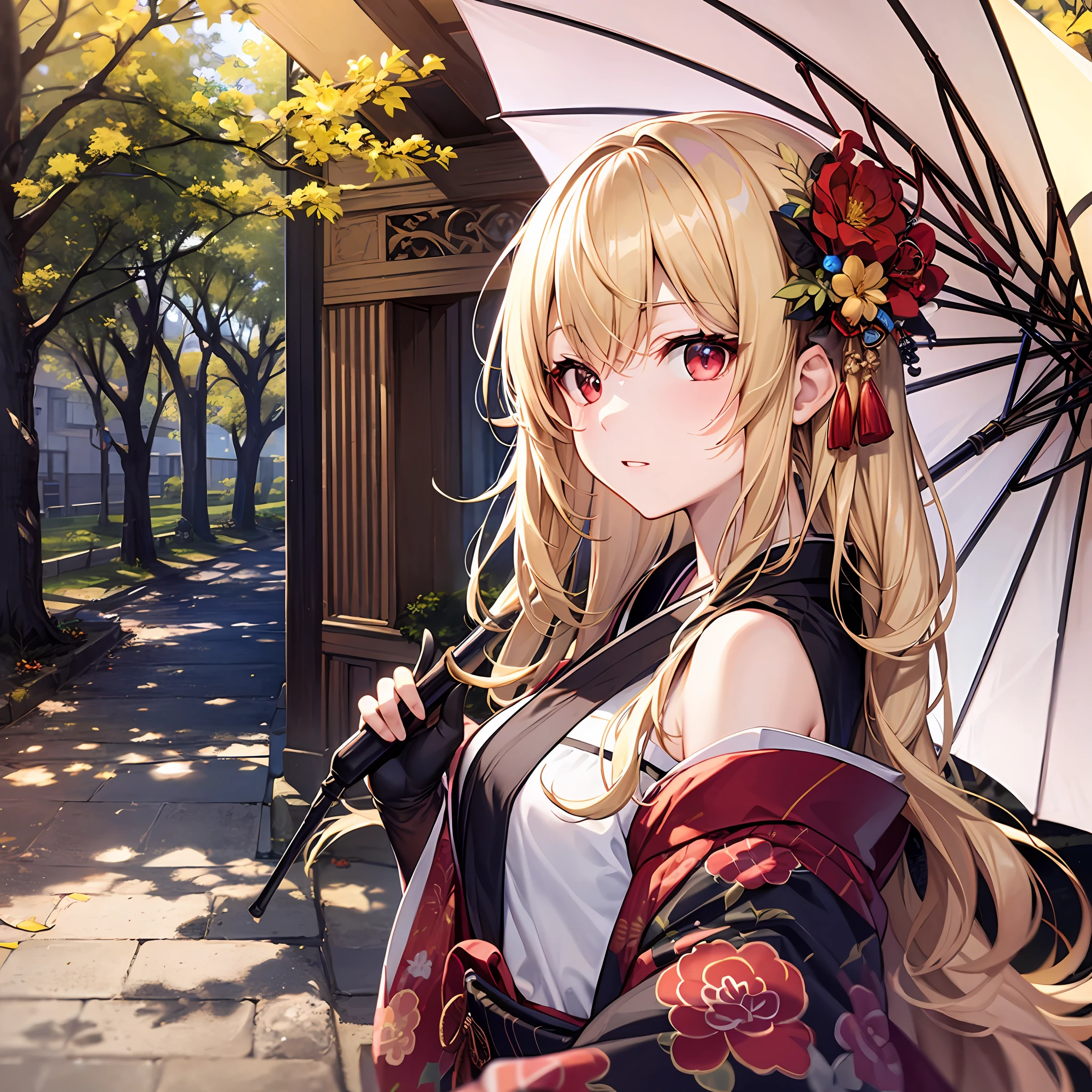 One blonde girl、red eyes、kimono、off shoulders、sunlights、Ban umbrella