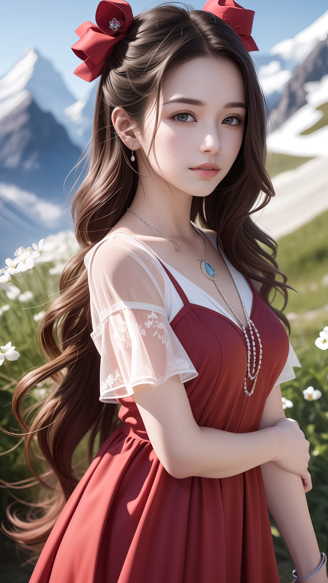 masterpiece,ultra realistic,32k,extremely detailed CG unity 8k wallpaper, best quality,
The Swiss Alps, Switzerland, ( Dark red A-line dress ) ,((spring day )), Beachy waves with a side part ,eardrop,lady ,necklace,