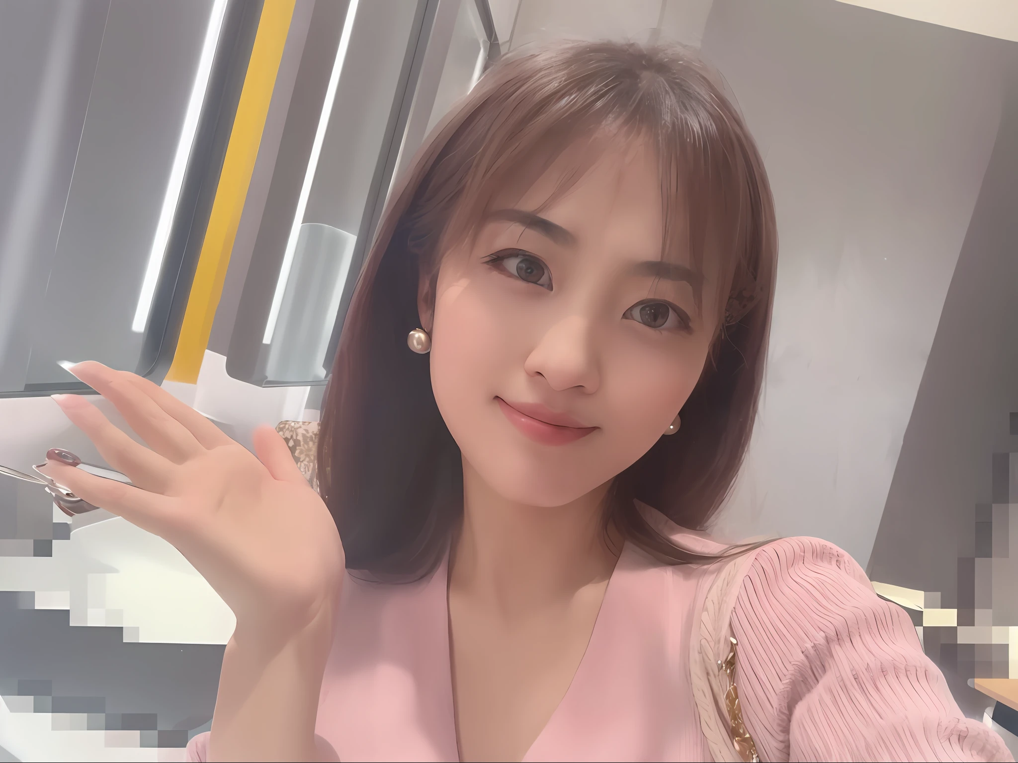 araffe woman with a pink sweater and a handbag posing for a picture, 8k selfie photograph, Yoshitomo Nara, xintong chen, chiho, 3 0 years old woman, 30 year-old woman, 2 , dilraba dilmurat, 2 9 years oldam