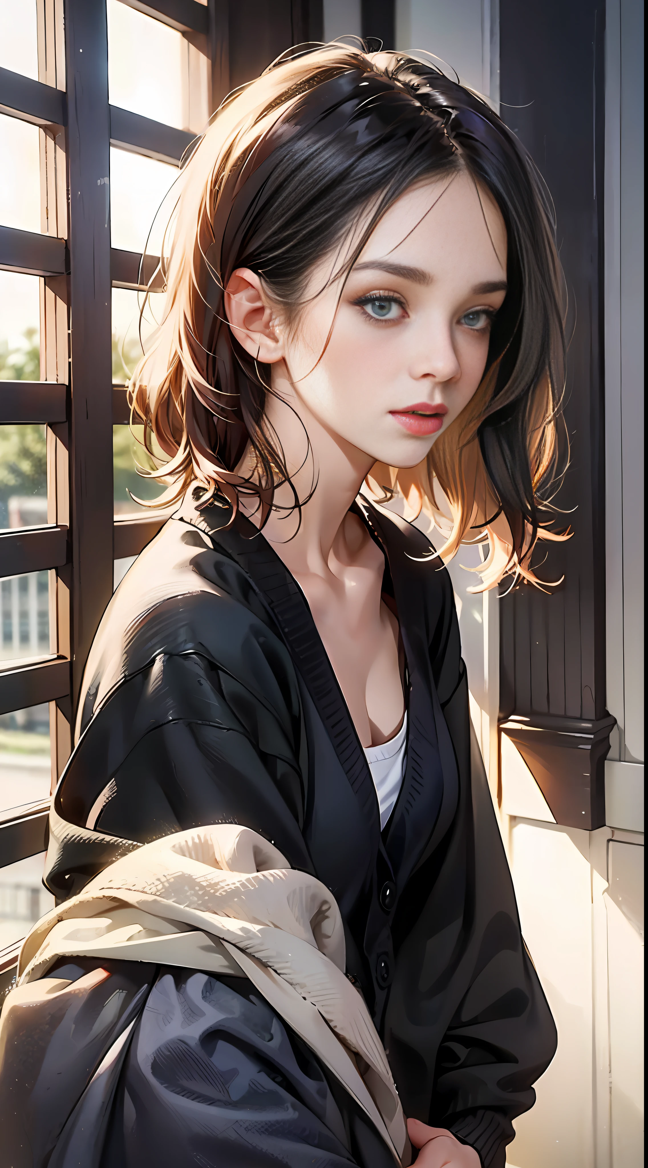 bare skin, naked, ((beautiful skin)), black cardigan, no_window,