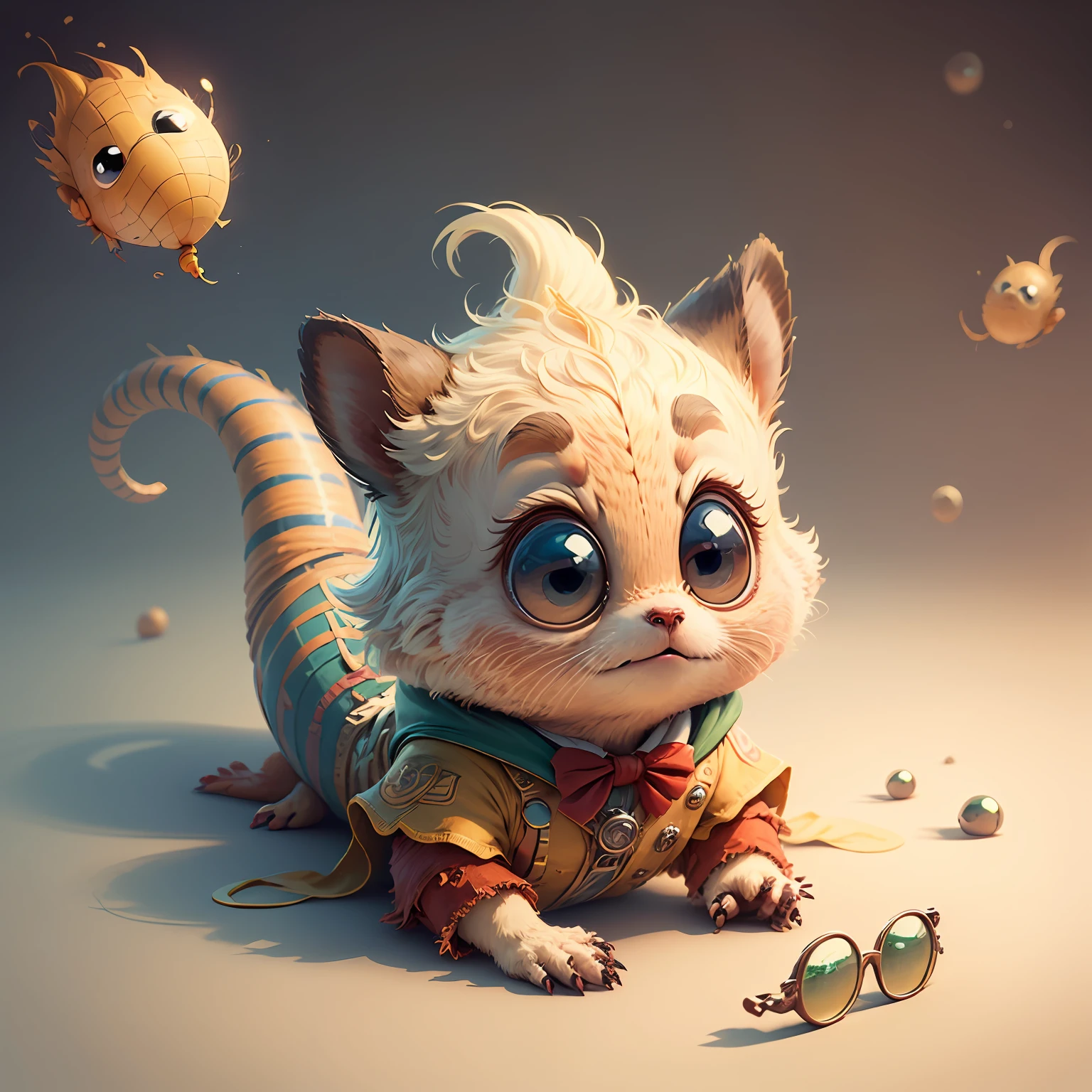 "Create a charming illustration for a children's book featuring an adventurous worm character. The worm should be playful and curious, with expressive round eyes filled with wonder. It should wear a small bow tie around its neck and vintage glasses, adding to its whimsical appeal." --auto