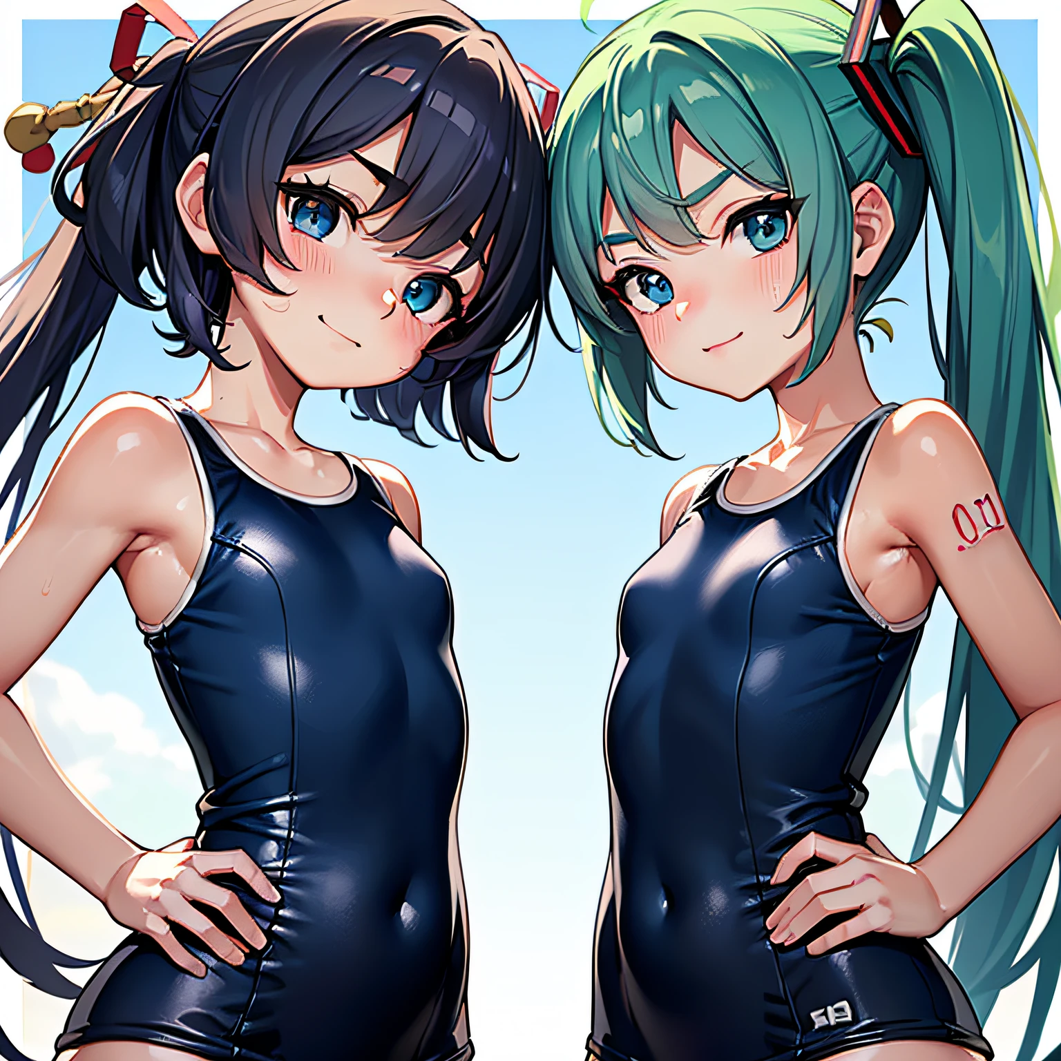 (masterpiece, best quality, 8k wallpaper:1.2 ), ultra detailed, absurdres, highres, long blue-green twintail hair, (hatsune miku:1.3), (bend over forwards deeply from side view, ((1girl)), (flat chest), (standing, in beach side:1.1), (((glossy slippy smooth texture {blue|black} one-piece japanese school swimsuit:1.3))), flat chest, ((merciful motherfood facial expression)), (Proudly showing flat chest:1.3), (looking at viewer), upper body, close up flat chest, too sweaty body, silky skin, beautiful eyes, long hair flowing with the wind, beautiful smile line, flat chest, big blue eyes, shiny hair, beautiful detailed eyes, beautiful detailed skin, beautiful detailed clothes, Bend sideways, hand on hip, head tilt:1.2, troubled eyebrows, framed double breasts, under bust