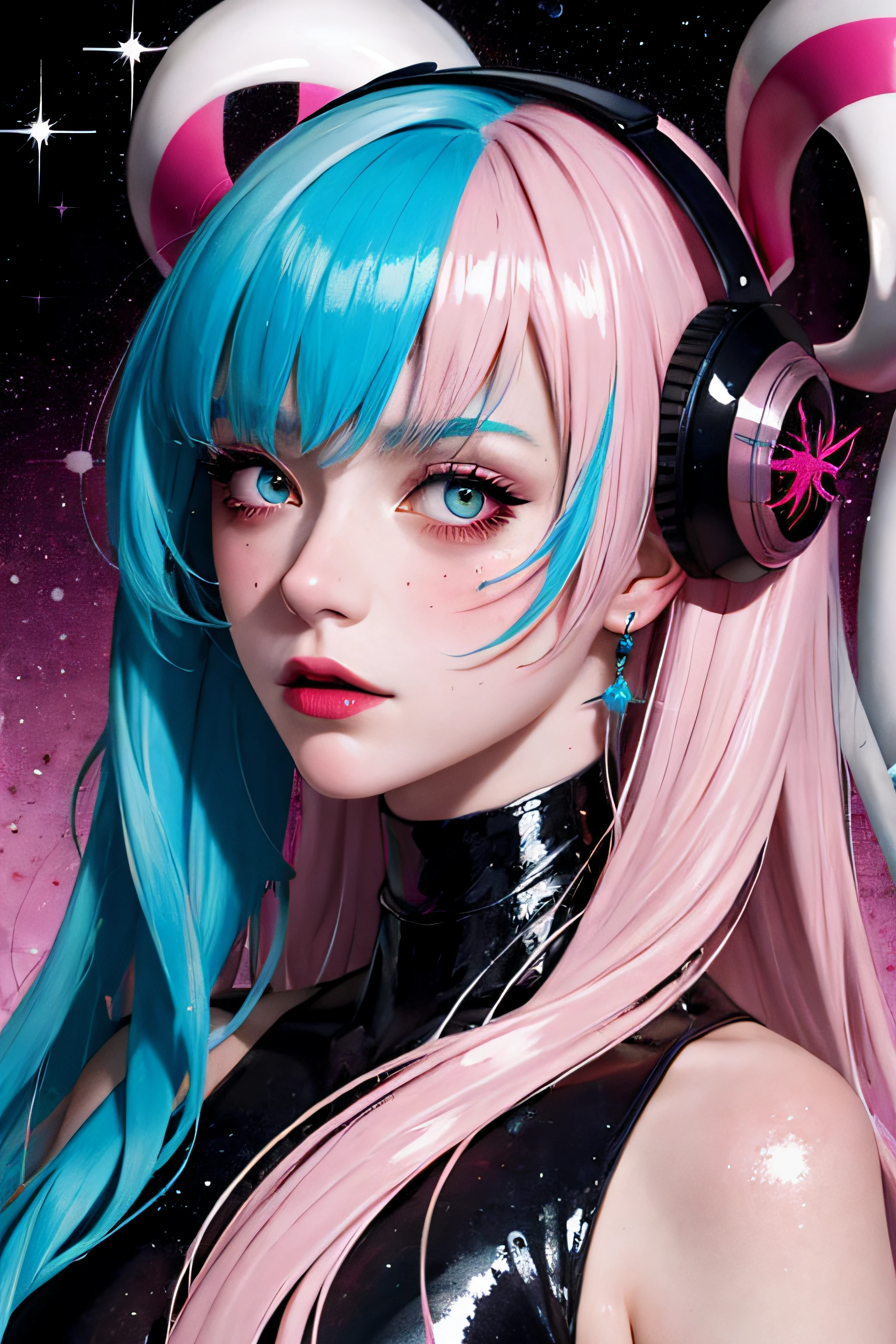 goddess of eternity with pink and blue hair, fading into the cosmos, neo punk, inkpunk, jem and the holograms, pop surrealism, in the style of frank moth, carne griffiths and adrian ghenie, sharp focus, messy, highly detailed,