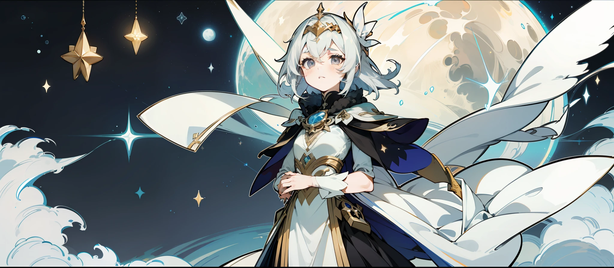 (1 fille), Genshin impact style, 1fille, skin is pale, reflecting a mysterious aura. piercing silver-gray eyes, Sparkling like stars in the night. cheveux blanc, lisses, descending in long strands to his waist. thin and delicate face, with deliciously harmonious strokes. slightly arched eyebrows, highlighting the mysterious charm of his gray eyes, Elegant outfit with silver accents, Inspired by the stars and the moon. cape flottante,It is adorned with subtle jewels, showcasing its celestial charm.