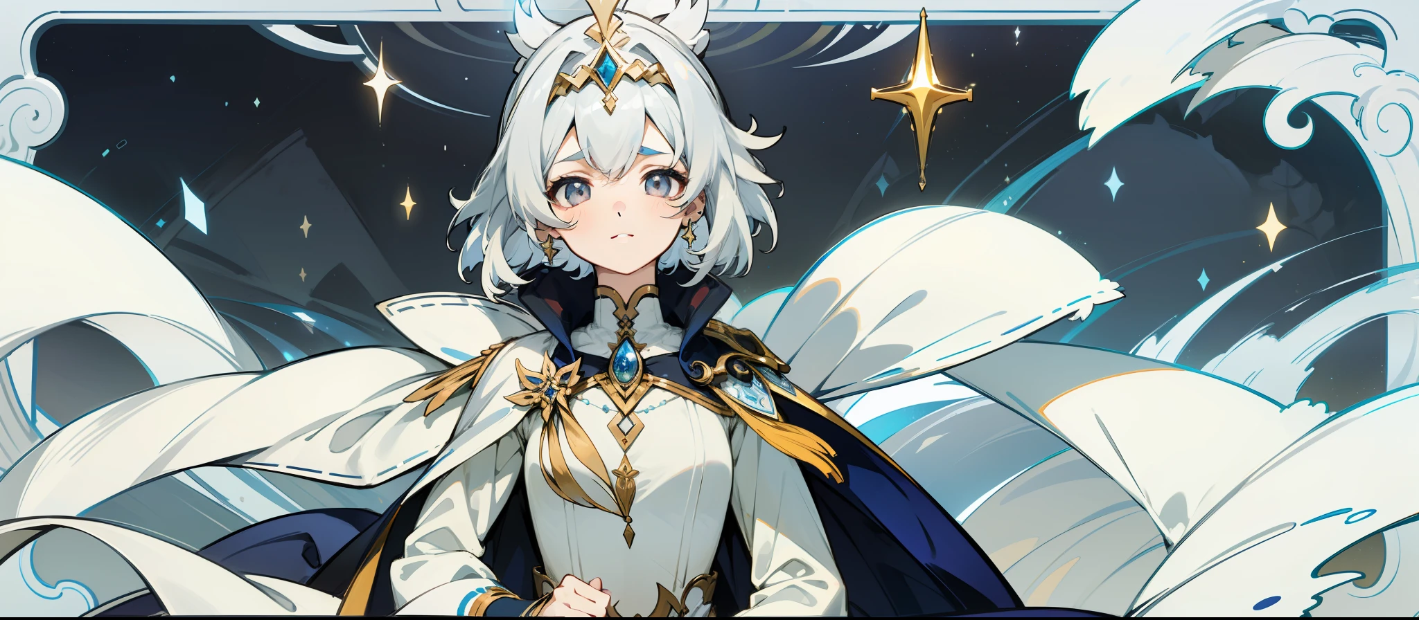 (1 fille), Genshin impact style, 1fille, skin is pale, reflecting a mysterious aura. piercing silver-gray eyes, Sparkling like stars in the night. cheveux blanc, lisses, descending in long strands to his waist. thin and delicate face, with deliciously harmonious strokes. slightly arched eyebrows, highlighting the mysterious charm of his gray eyes, Elegant outfit with silver accents, Inspired by the stars and the moon. cape flottante,It is adorned with subtle jewels, showcasing its celestial charm.