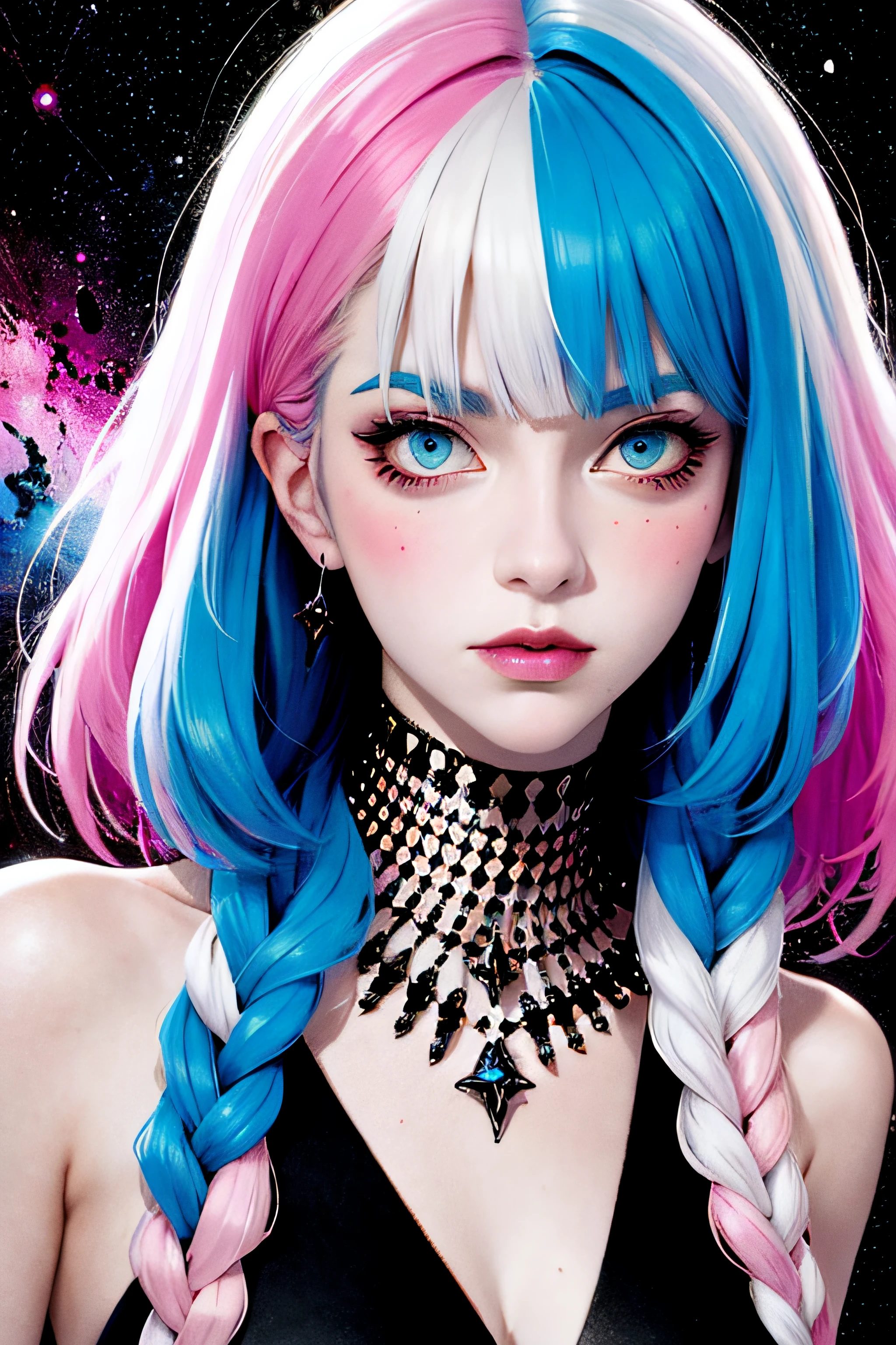 goddess of eternity with pink and blue hair, fading into the cosmos, neo punk, inkpunk, jem and the holograms, pop surrealism, in the style of frank moth, carne griffiths and adrian ghenie, sharp focus, messy, highly detailed,