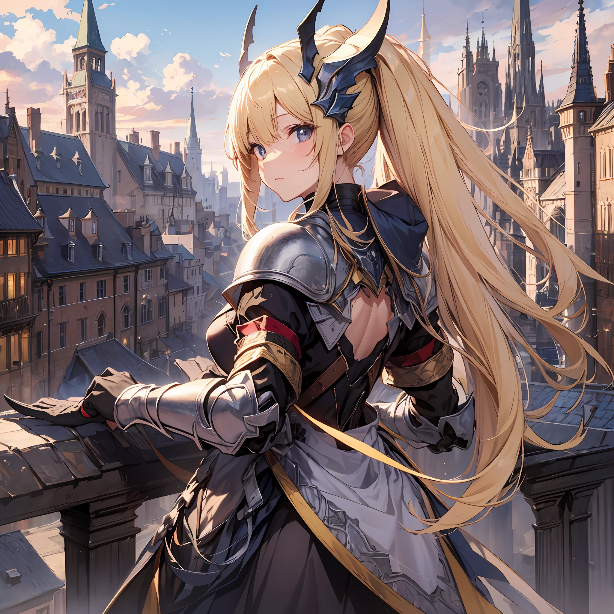 HIG quality　fullllbody　　Dakunes　White armor　　poneyTail　a blond　　randome pose　Medieval cityscape　back veiw
