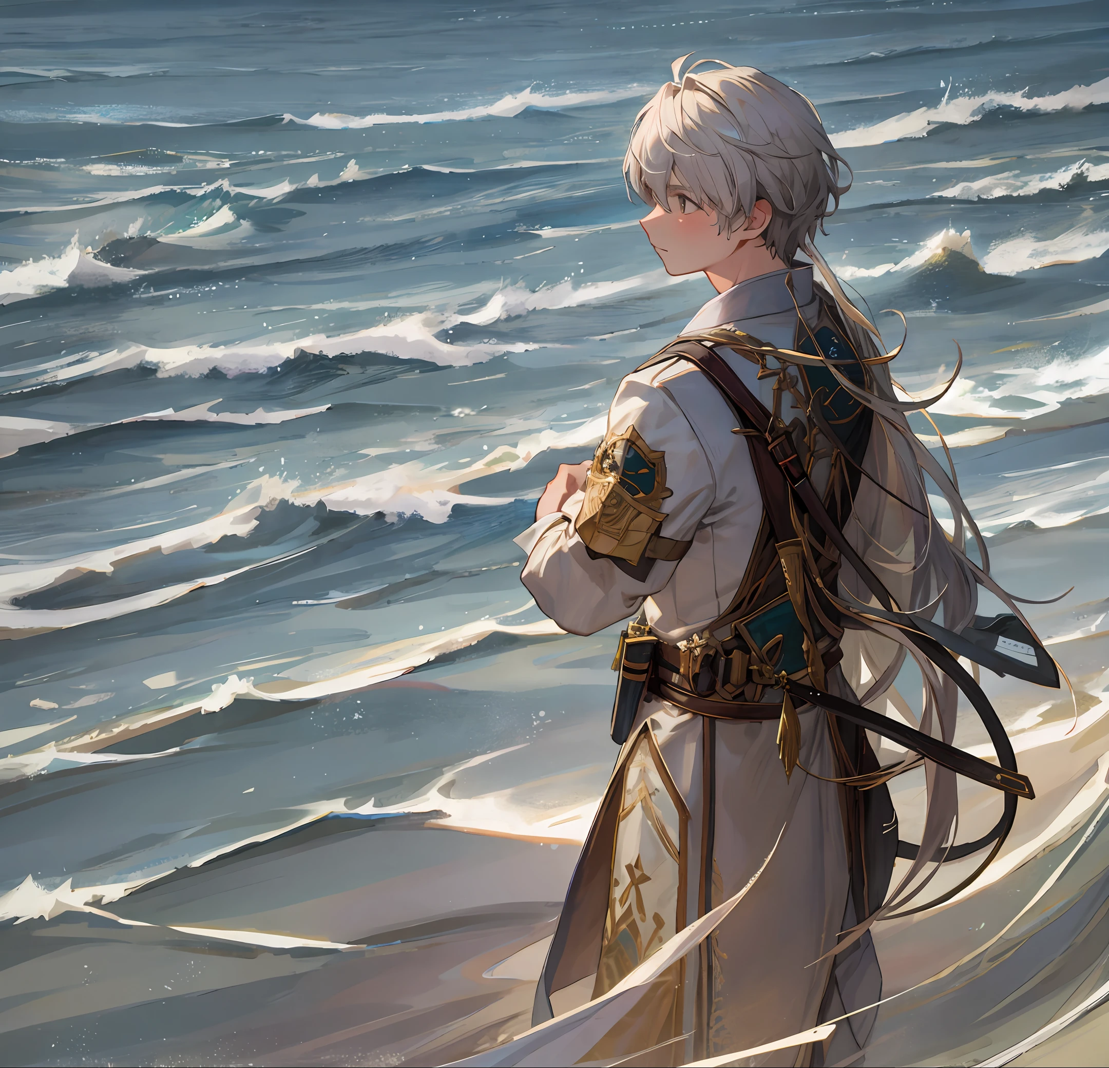 A classical boy standing by the sea