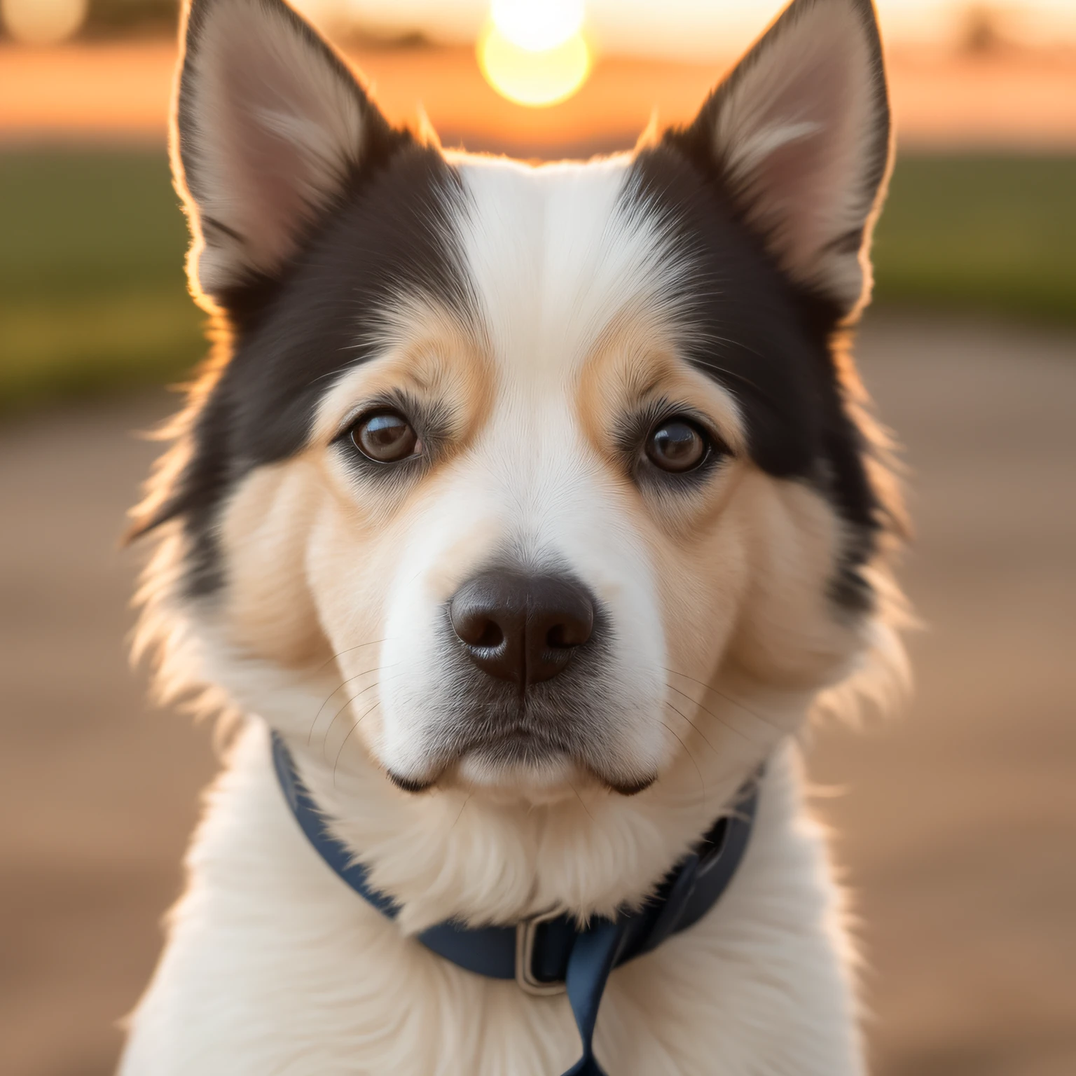 Close-up photo of a happy dog's face, sunset, 80mm, f/1.8, dof, bokeh, depth of field, subsurface scattering, stippling