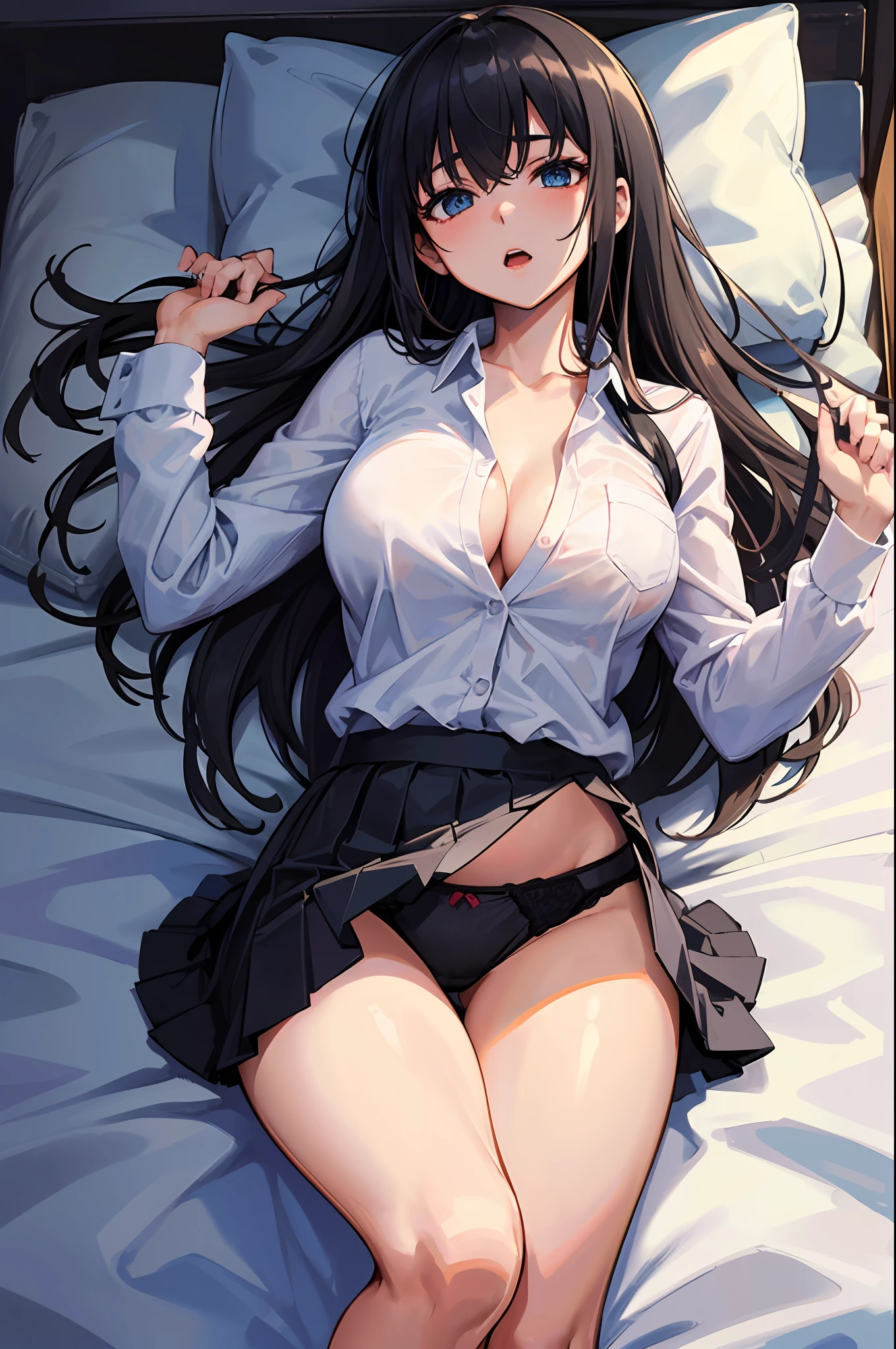 8K, Attractive, intensely detailed, 20 Year Old Girl, sexy and attractive woman with dark, black hair. She has beautiful sky-blue eyes with a heart inside. She is dressed in white, short and unbuttoned shirt. She is wearing a blue miniskirt. And the girl herself is lazily lying on the bed with her back up, because of which her skirt is lifted up and from under the skirt we see sexy, black lace panties with bow. This high-quality, high-definition image will give you a shocking visual experience.