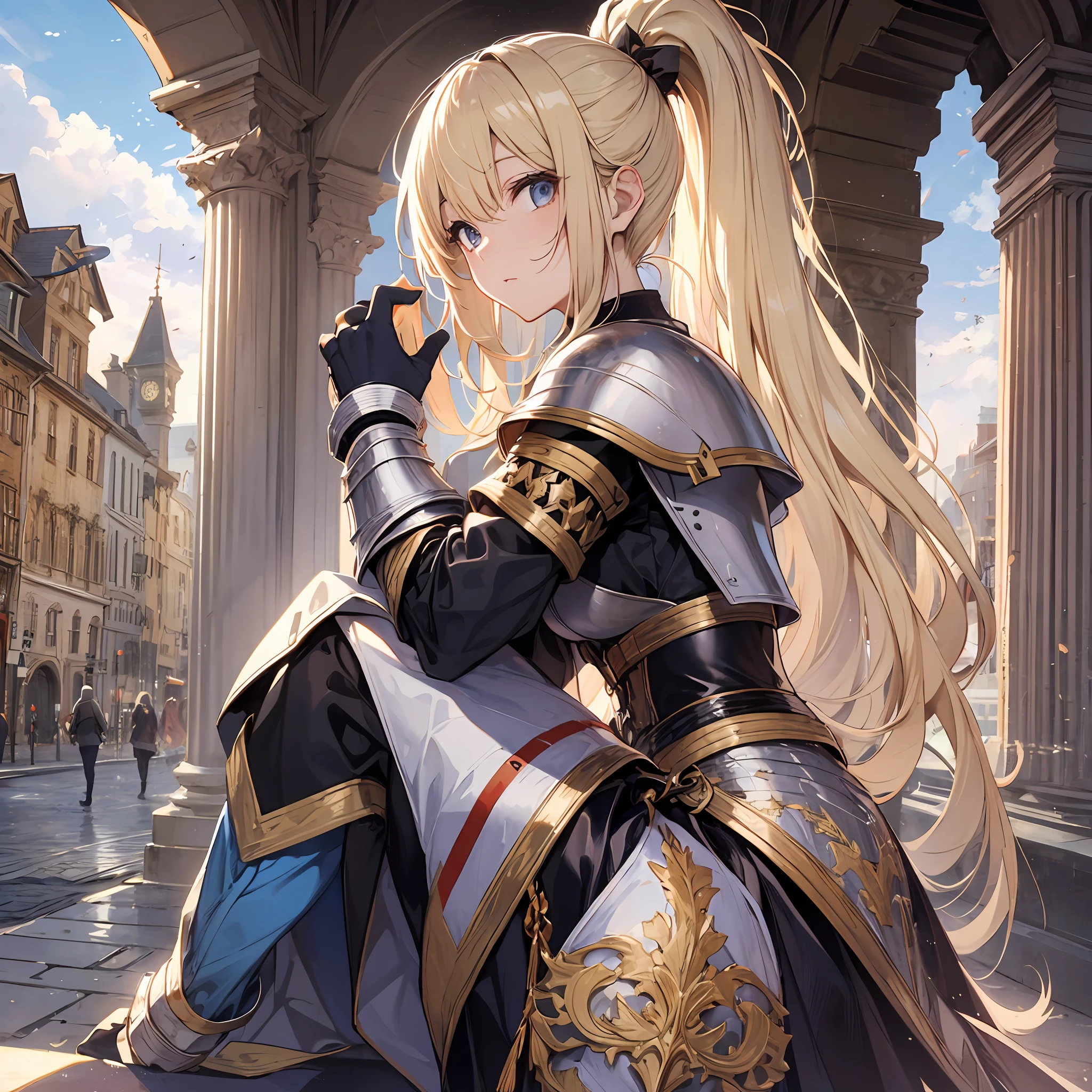 HIG quality fullllbody Dakunes White armor poneyTail a blond randome pose Medieval cityscape back veiw