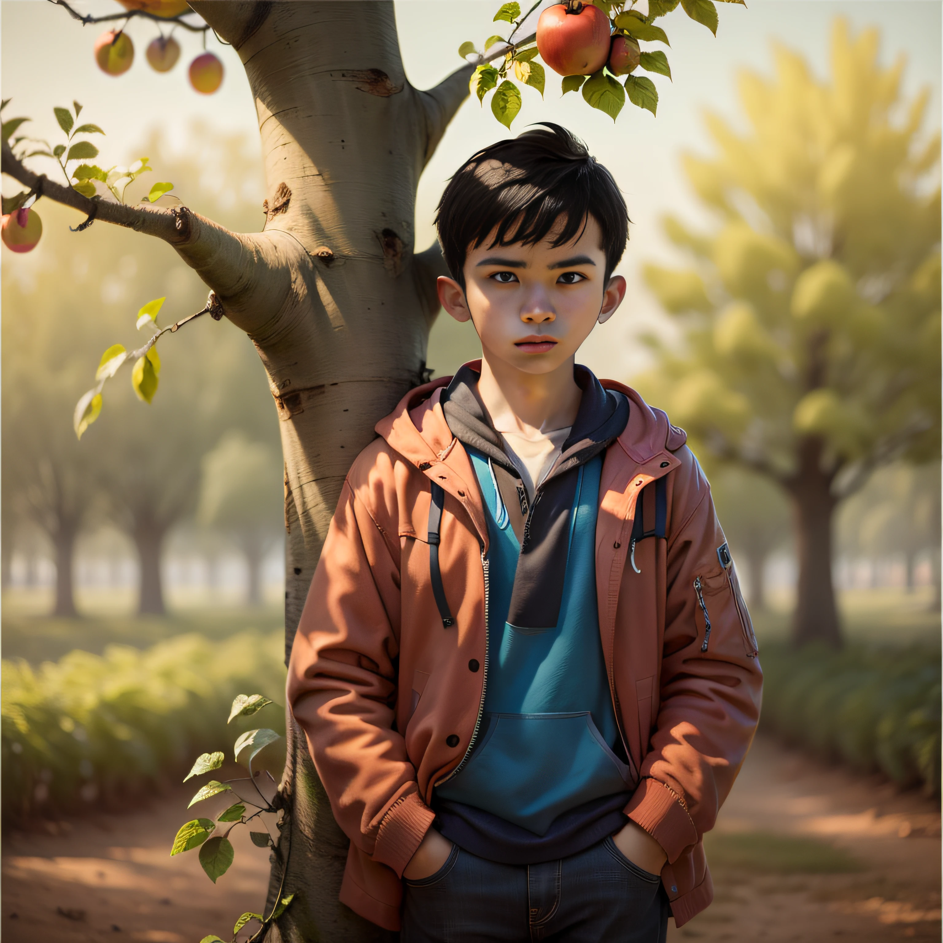 Male teenager standing, near an apple tree, triste