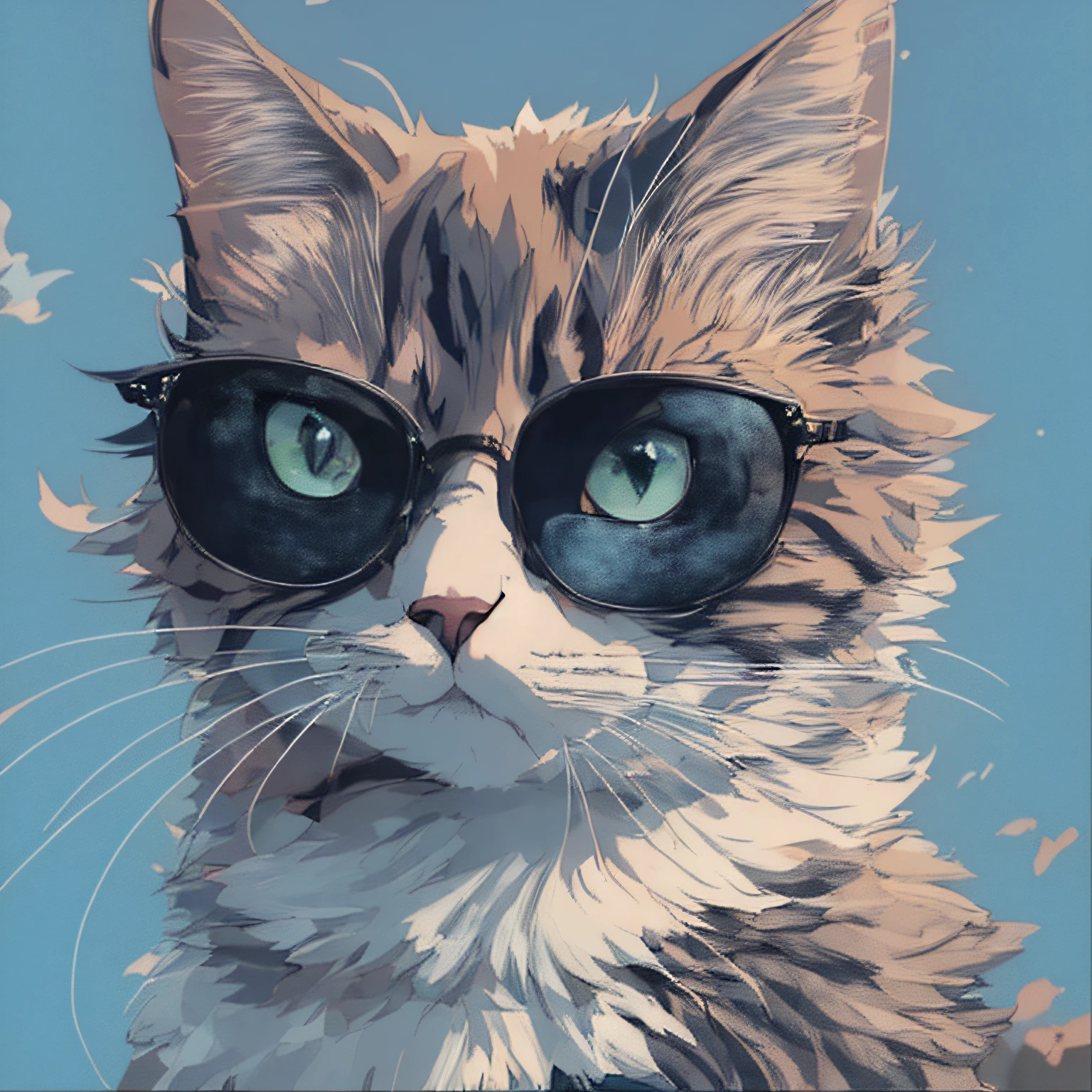 1cat, Maine, anime cat, cat in sunglasses, blue background, cute detailed digital art, realistic anime cat, cat. Digital painting, digital painting highly detailed, anime visual of cute cat, detailed digital anime art, digital illustration style, highly detailed vector art, highly detailed digital painting, digital art on pixiv, cat detailed