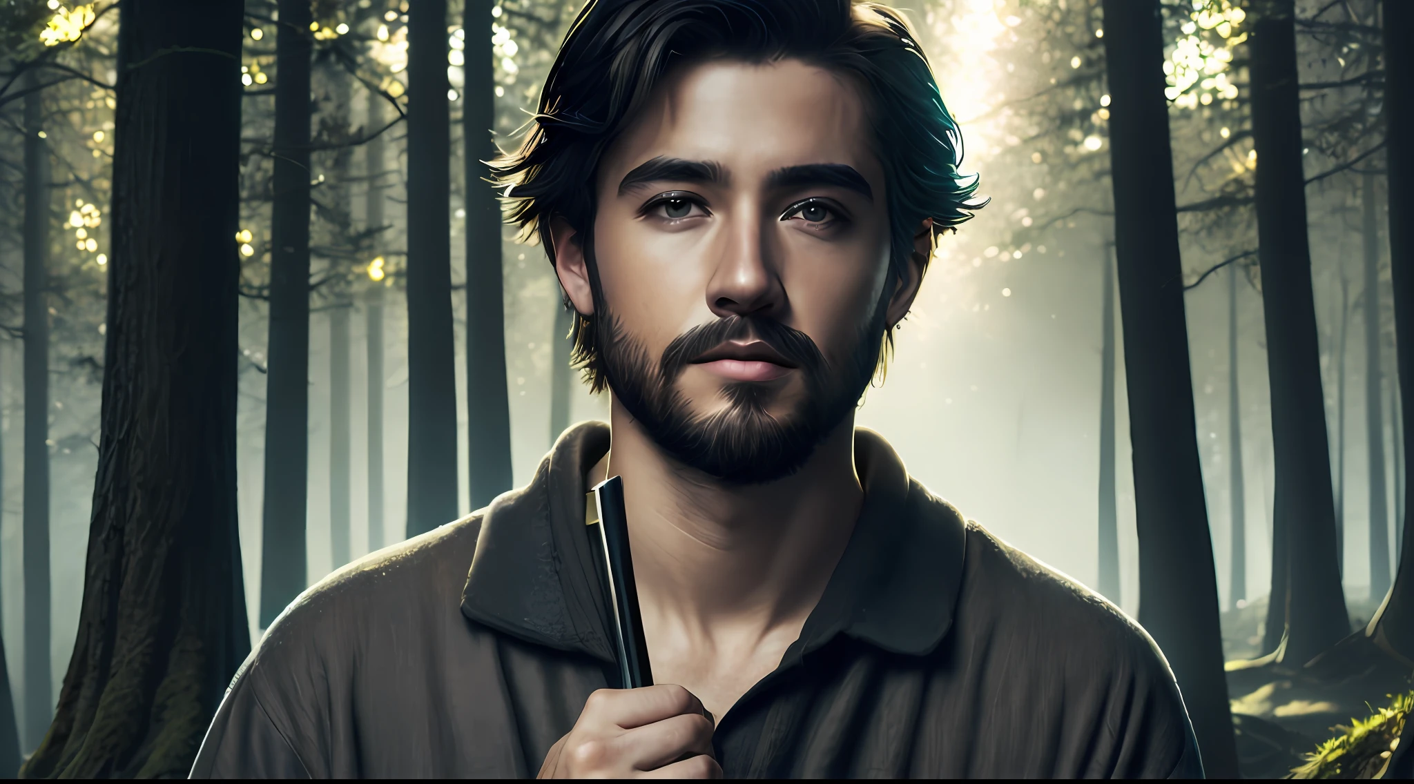 close-up shot of a simple-looking shepherd man with a crook in his hands, very handsome in the forest, soft volumetric lights (backlight: 1.3), (cinematics: 1.2), intricate details (art station: 1.3), rutkowski