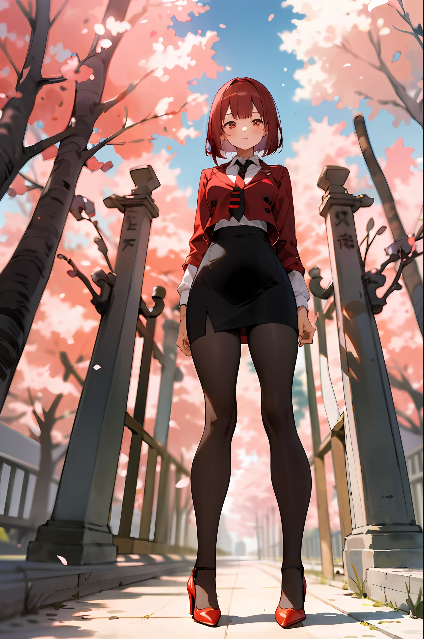 masterpiece, best quality,4girl,young girl, plum_pie eyes, brown, choppy bob,envious _face,shiny skin,medium breasts,nice leg line:1.3,thick thighs, thin waist,school uniform, thighhighs,necktie,((pencil skirt)),red color high heels,   pantyhose, , Pathway_lined_with_blooming_cherry_blossom_trees,,looking at viewer,from below,full body, legsupsexms,