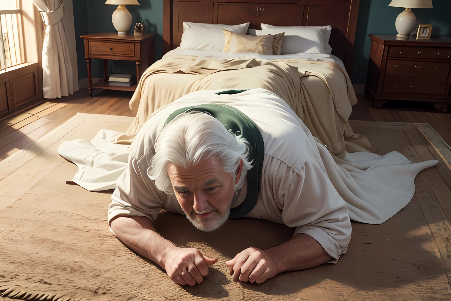 masutepiece, Highly detailed, Super realistic, 4K, 8K, Detailed background, Detailed face, Bright lighting, Daylight, Victorian style,
(1old-man)、(A very fat old man king is crawling on the floor)、(white hair)、(Whitehair)、(nightgown)、(The bedroom of the Royal Palace)、(wide Shots)、(Luxurious carpet)、(from above)、