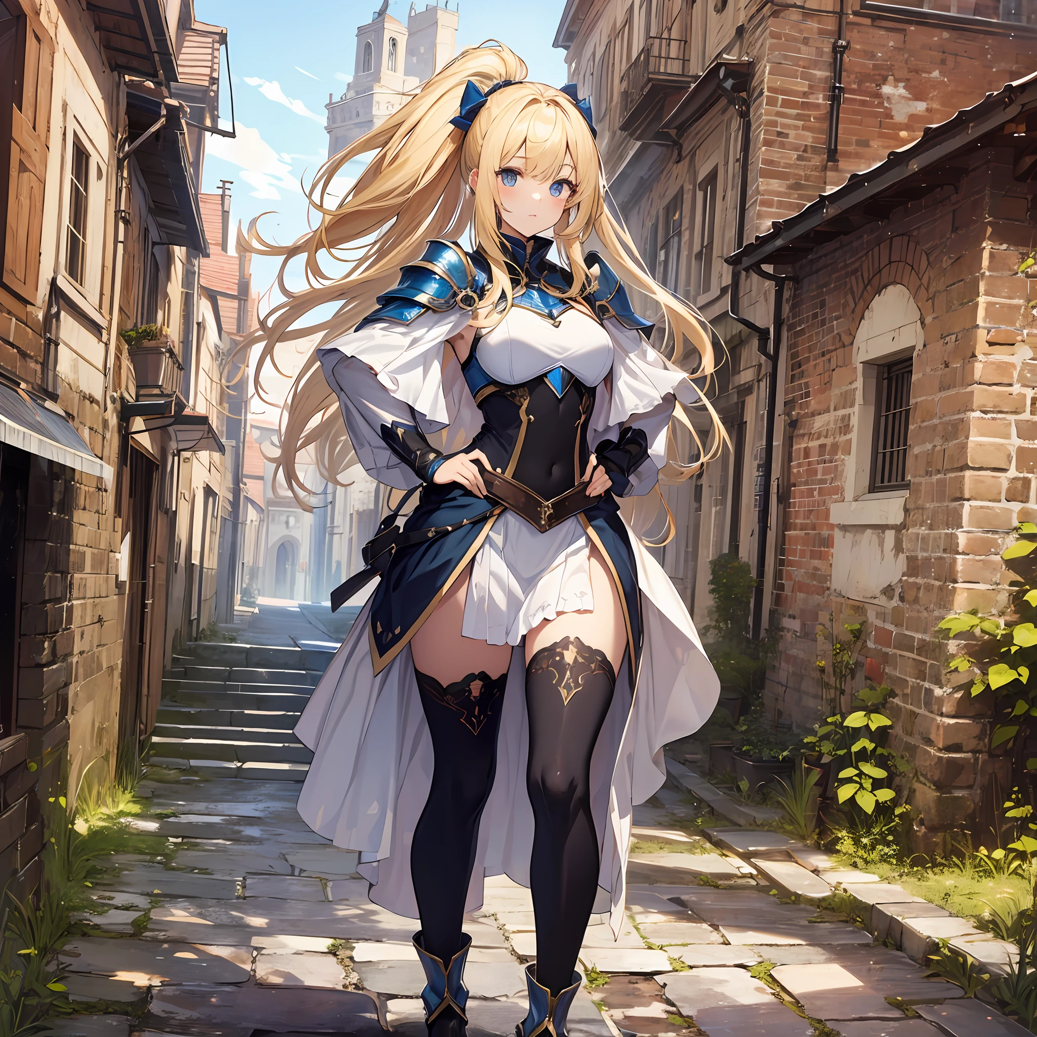 HIG quality　fullllbody　　Dakunes　White armor　　(poneyTail)　a blond　　randome pose　Medieval cityscape