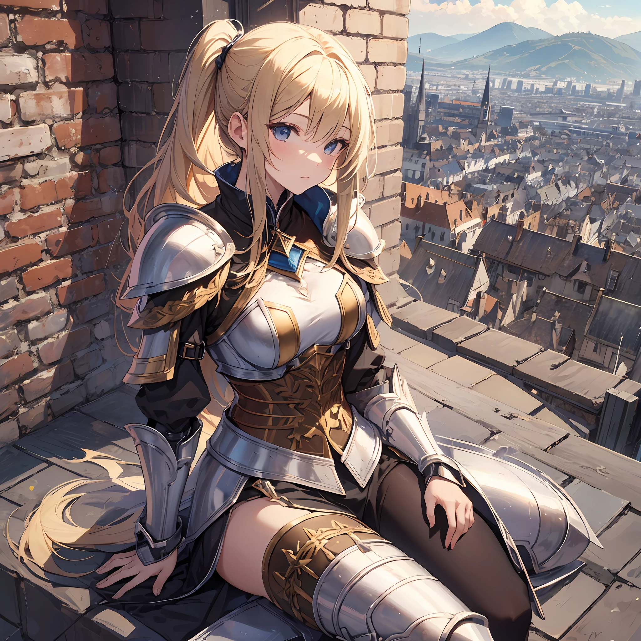 HIG quality fullllbody Dakunes White armor (poneyTail) a blond randome pose Medieval cityscape