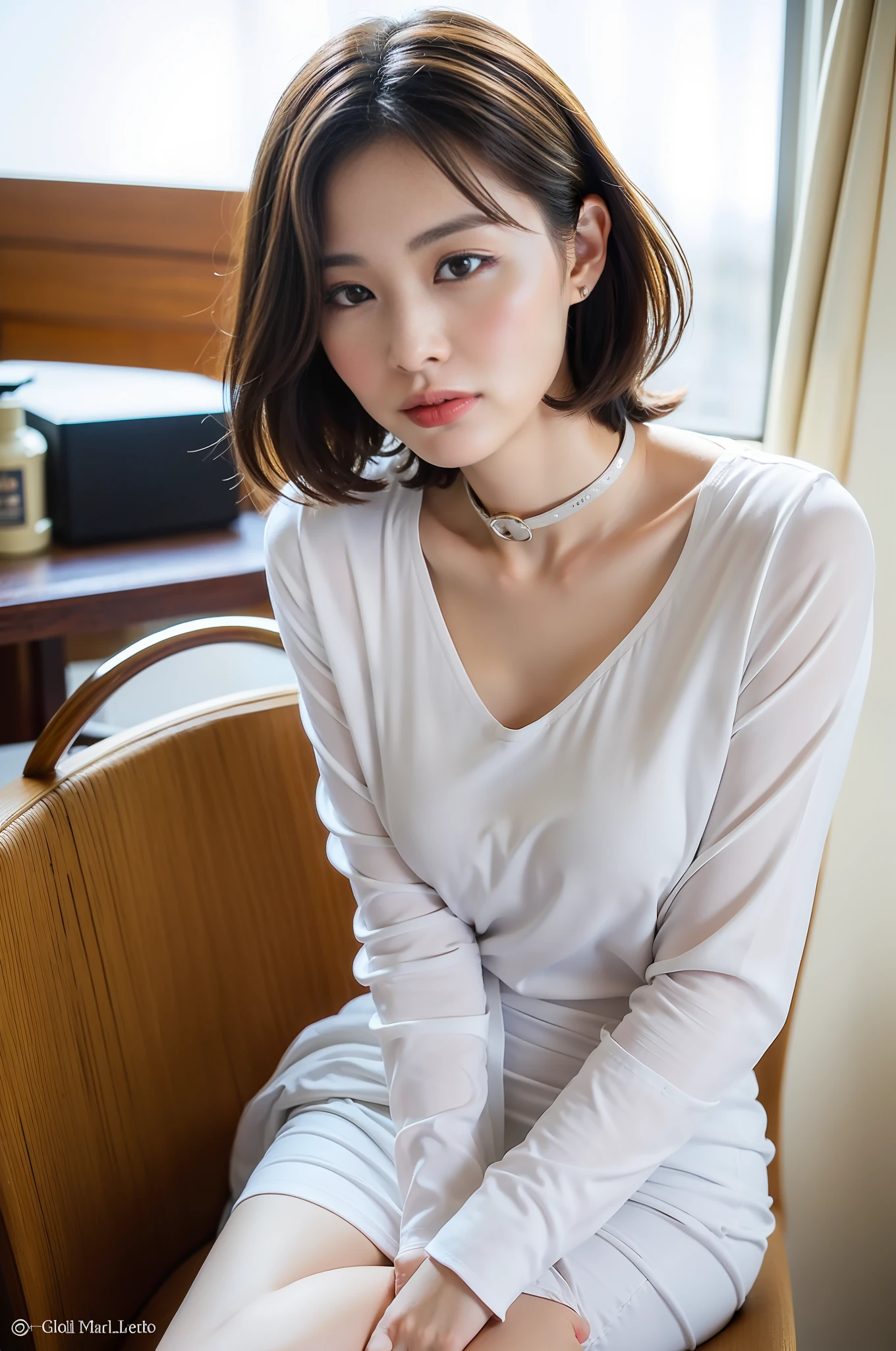 finely best quality, ​masterpiece, hight resolution, 1girl in, beautiful and flawless face, Bob Layer Cut, White shirt with collar, a miniskirt、intricate-detail, Cinematic feel, 8K, extremely detaile、hugetits、Angle from the side、up chest、A beautiful face、Full body shot、1 persons、Bright hotel room with sunshine、On the bed、Raise one leg to the chair、Holding your knees、Futomo、Panchira、50 years old、(Wrinkled:1.2)、Elegant face、You can clearly see the shape of the chest、up chest、open one's legs、Small breasts、Open your crotch、