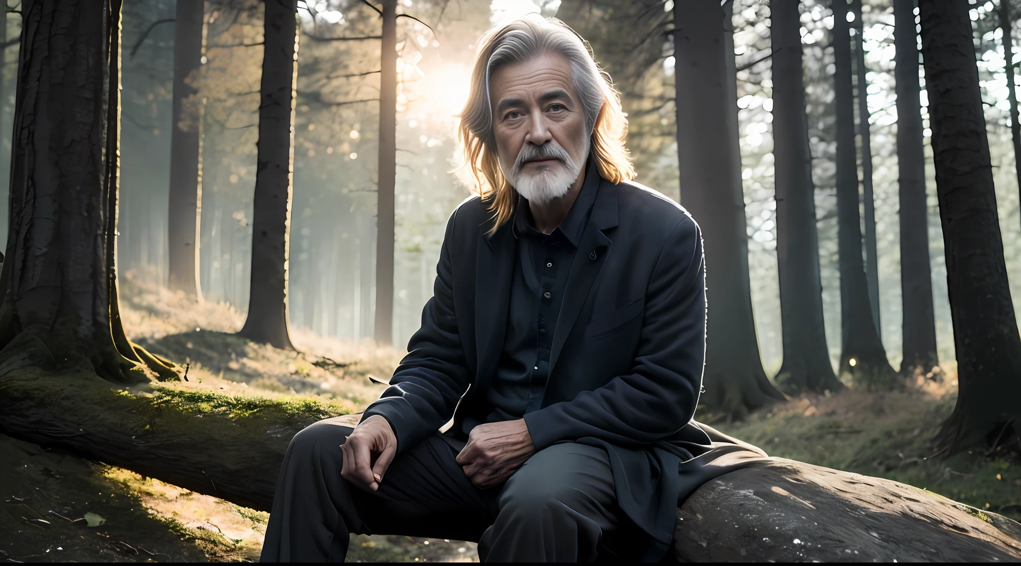 close-up photo of an elderly man, simple clothes, long hair sitting on a rock, very handsome in the forest, soft volumetric lights (backlight: 1.3), (Cinematics: 1.2), intricate details (art season: 1.3) ), Rutkowski
