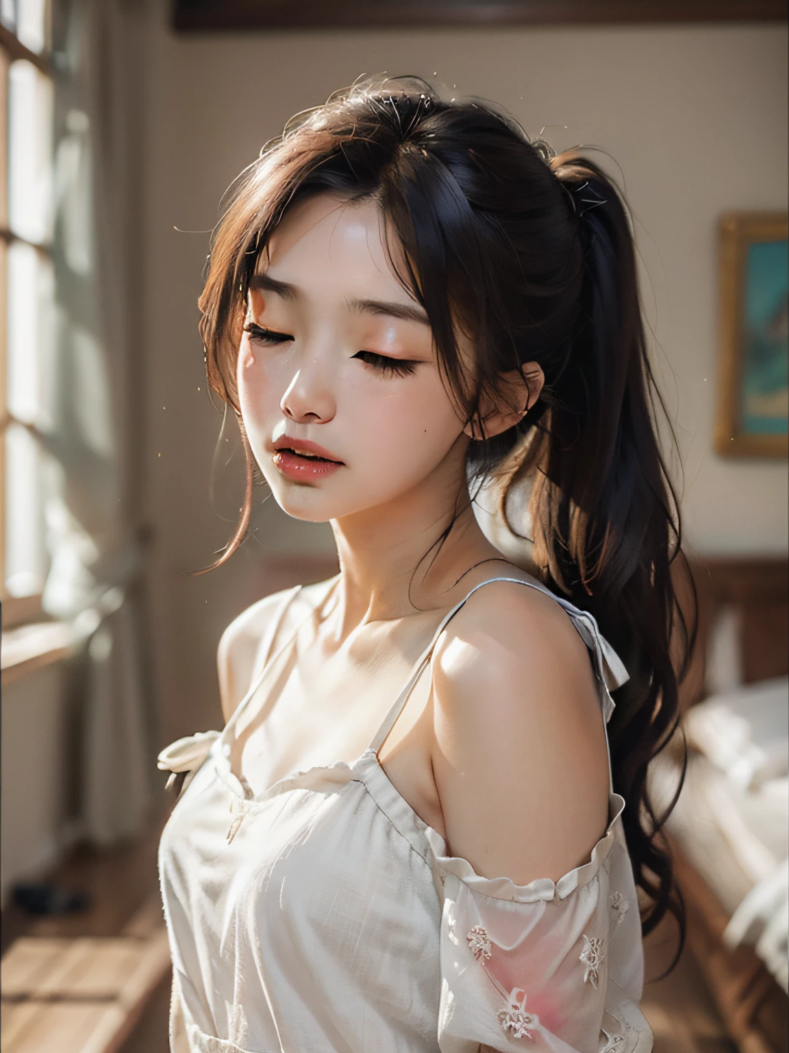 8yk、Raw photo、(masuter piece)、(finely best quality)、Hi-Res、(Kizi)、(realisitic、Hphotorealistic:1.2), Upper body、poneyTail、skinny、years、small tits、Eyes closed、Deep sadness、Sorrow、look up sky、Open mouth、screeming、a room、Background blur