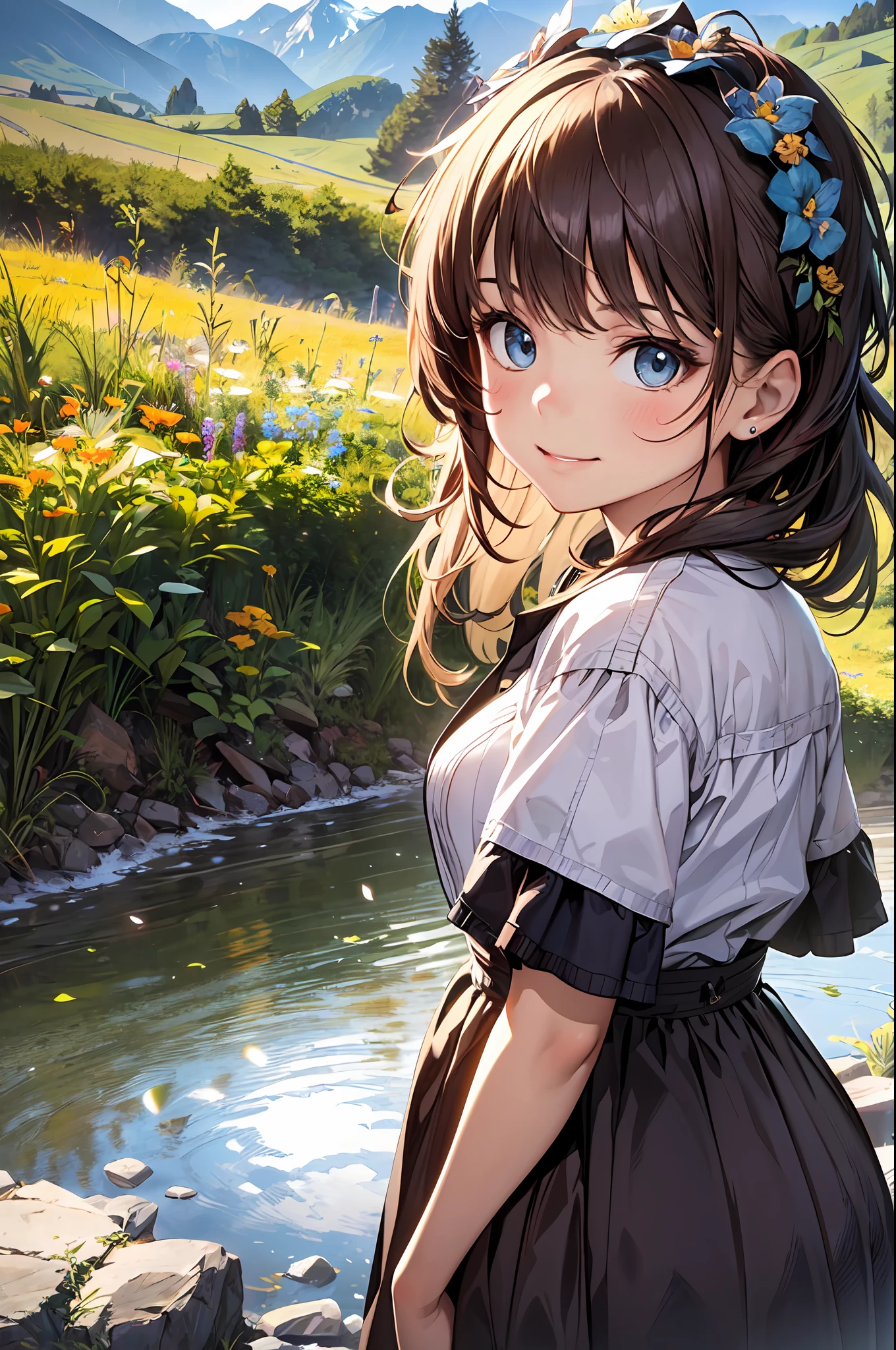 ((6ar olirl:1.5)), Girl in 1, Lori, Petite girl, Complete anatomy, Whole body, children body, Childer cute, garl, Little girutiful Girl, beautiful shining body, Bangs,Brown hair,high eyes,(aquamarine eyess), drooping eyes, Petite,tall eyes, beautiful girl with fine details, beautiful and delicate eyes, Detailed face, Beautiful eyes, beautiful shining body, smile on face, Happiness,
Whole body angle, alps, Shepherd's daughter, Mountain Girl, En plein air, alpine meadow,
Natural light,((Realism: 1.2)), dynamic far view shot,Cinematic lighting, Perfect composition, by sumic.mic, ultra detaild, Official art, Masterpiece, (Best Quality:1.3), glint, Extremely detail CG unity 8k wallpaper, Detailed background, Masterpiece, Best Quality, (Masterpiece), (Best Quality:1.4), (ultra-highres:1.2), (Hyperrealistic:1.4), (Photorealistic:1.2), Best Quality, High quality, alta resolução, Detail enhancement,