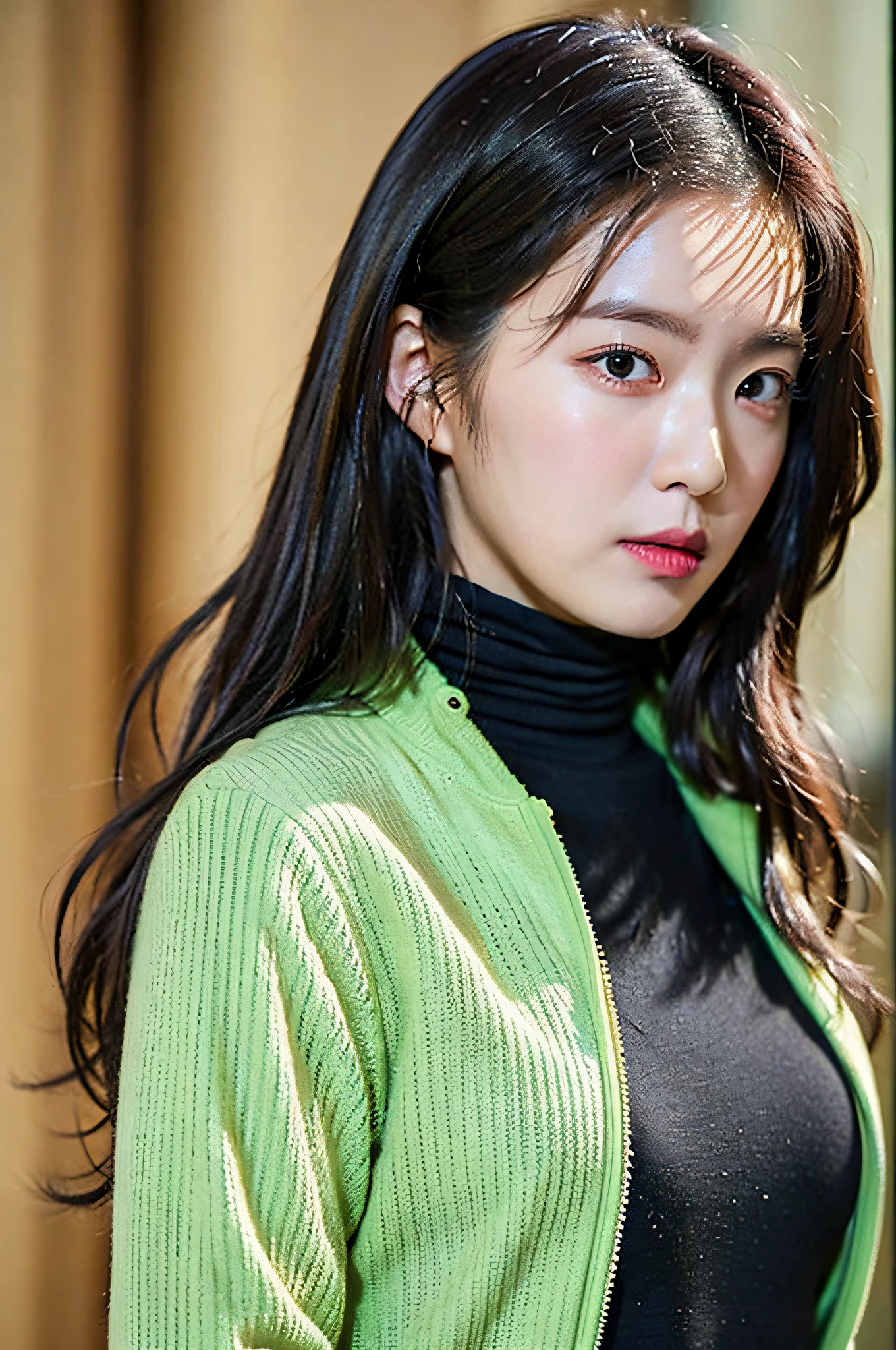 modelshot, cinematic Film still from, 28 years asian girl standing, Upper body, (Black eyes:1.3), mid wavy hair, (green turtleneck sweater, Leather jacket), Soft natural light,in the darkness nigth,((巨作)),(Best Quality ),(A high resolution),Very detailed RAW color photo,非常详细,Photorealistic,realisticlying,unbelievable Ridiculous,非常详细,Clear focus,,(Professional studio lighting),(profesional color graded),rim-light,Dramatic lighting,cinmatic lighting,lumen reflection,Soft natural light,pastel colour,photon maping,Radiance,,(beautidful eyes),(Detailed eyes),(Detailed face),symmetriced eyes,sharp sharp eyes,Cool face,