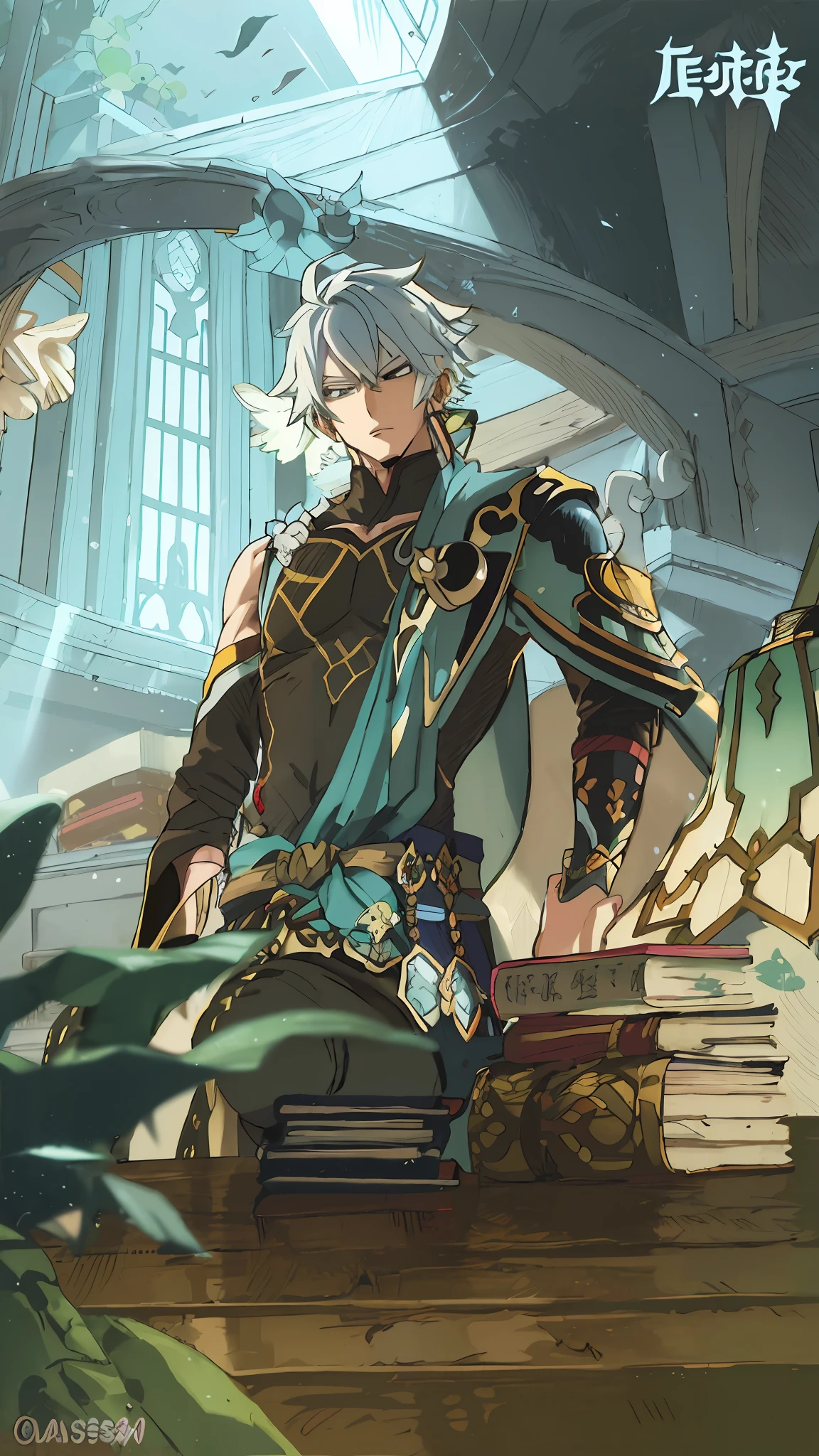 anime character sitting on a pile of books in a room, shadowverse style, casimir art, inspired in kris from deltarrune, Elheisen in Genshin, Abs，chest muscle，Robust，Handsome face