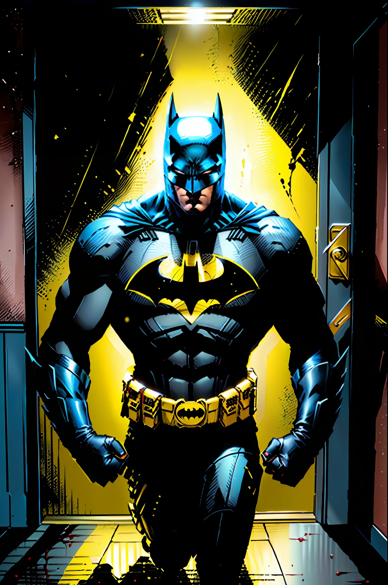 BATMAN INVESTIGA A CENA DO CRIME + uniforme em cinza e preto + Capa preta + Black and embossed symbol + A lot of blood on the floor and on the walls + Police scene with blood on the ground+ a murder with yellow stripes of forensic police closing the entrance to the door + bem detalhado, ultra resolution, Cartoon, estilo Jim Lee, Dark ilumination, dramatic, panic, 64k, --ar 2:3