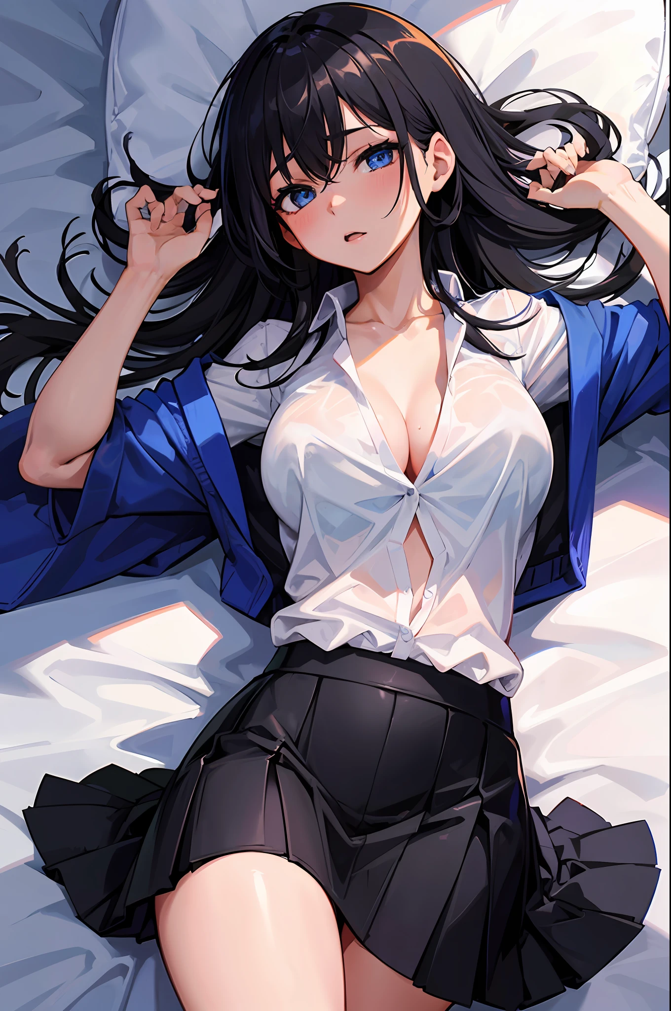 8K, Attractive, intensely detailed, 20 Year Old Girl, sexy and attractive woman with dark, black hair. She has beautiful sky-blue eyes with a heart inside. She is dressed in white, short and unbuttoned shirt. She is wearing a blue miniskirt. And the girl herself is lazily lying on her back on the bed, because of which her skirt is lifted up and from under the skirt we see sexy, black lace panties with bow.