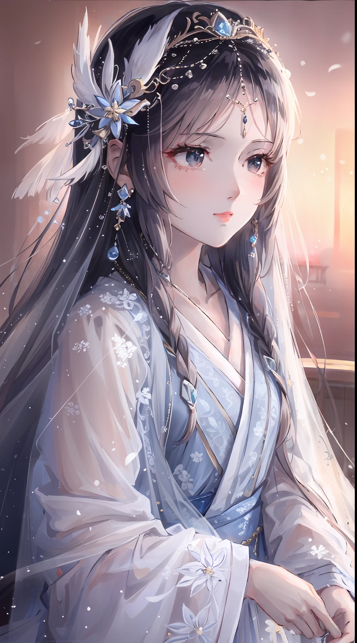 a close up of a woman wearing a white dress and a veil, palace , A girl in Hanfu, Beautiful character painting, Beautiful young wind spirit, Beautiful anime girl, Ethereal beauty, Guviz-style artwork, Guviz, Anime girl with long hair, a beautiful anime portrait, ((a beautiful fantasy empress)), flowing hair and long robes