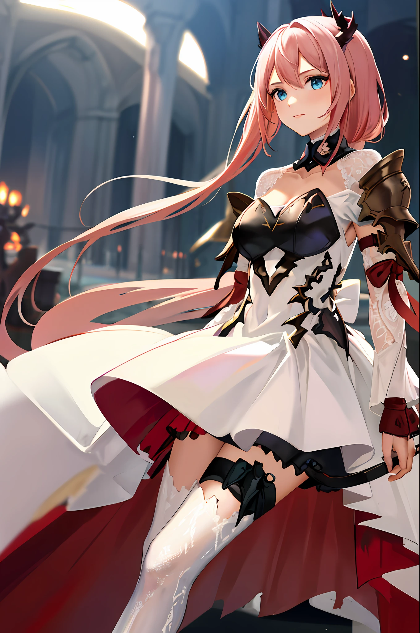 masterpiece, best quality, highres, 1girl, horns,(theresahead) ,white dress solo, shoulder armor, dress, very long hair, thigh strap, white dress, holding big sword, steel greaves, steel gauntlets , cleavage, pauldrons, white thighhighs, medium breasts, bangs, detached sleeves, standing