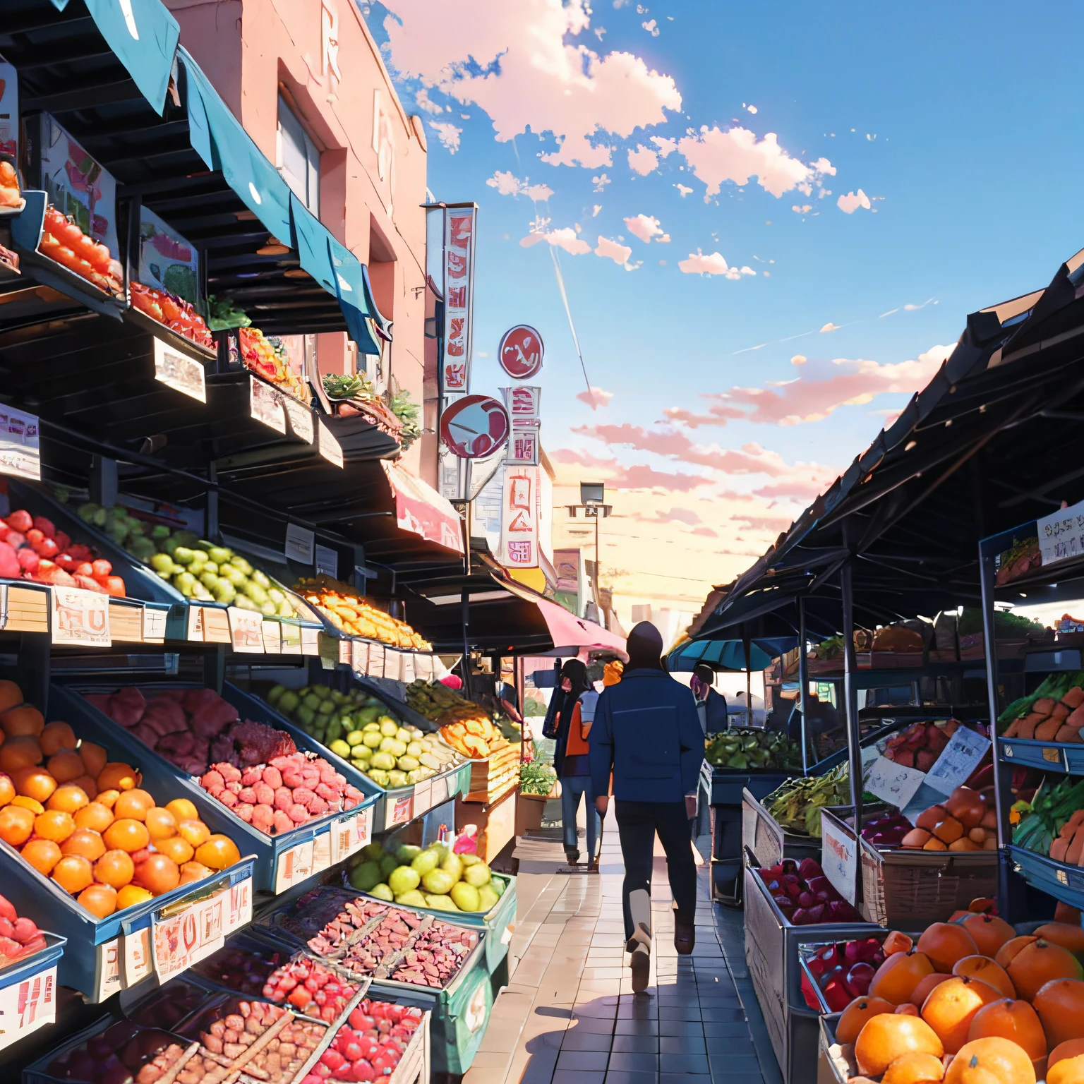 {(fruit market:1.2, colorful:1.1)}{(blue sky:1.2),(pink sky:1.1),(orange sky:1.1)},wide shot,buildings in the background,many people and umbrellas,fruits and vegetables on display,dynamic angle,dynamic pose,floating} --auto