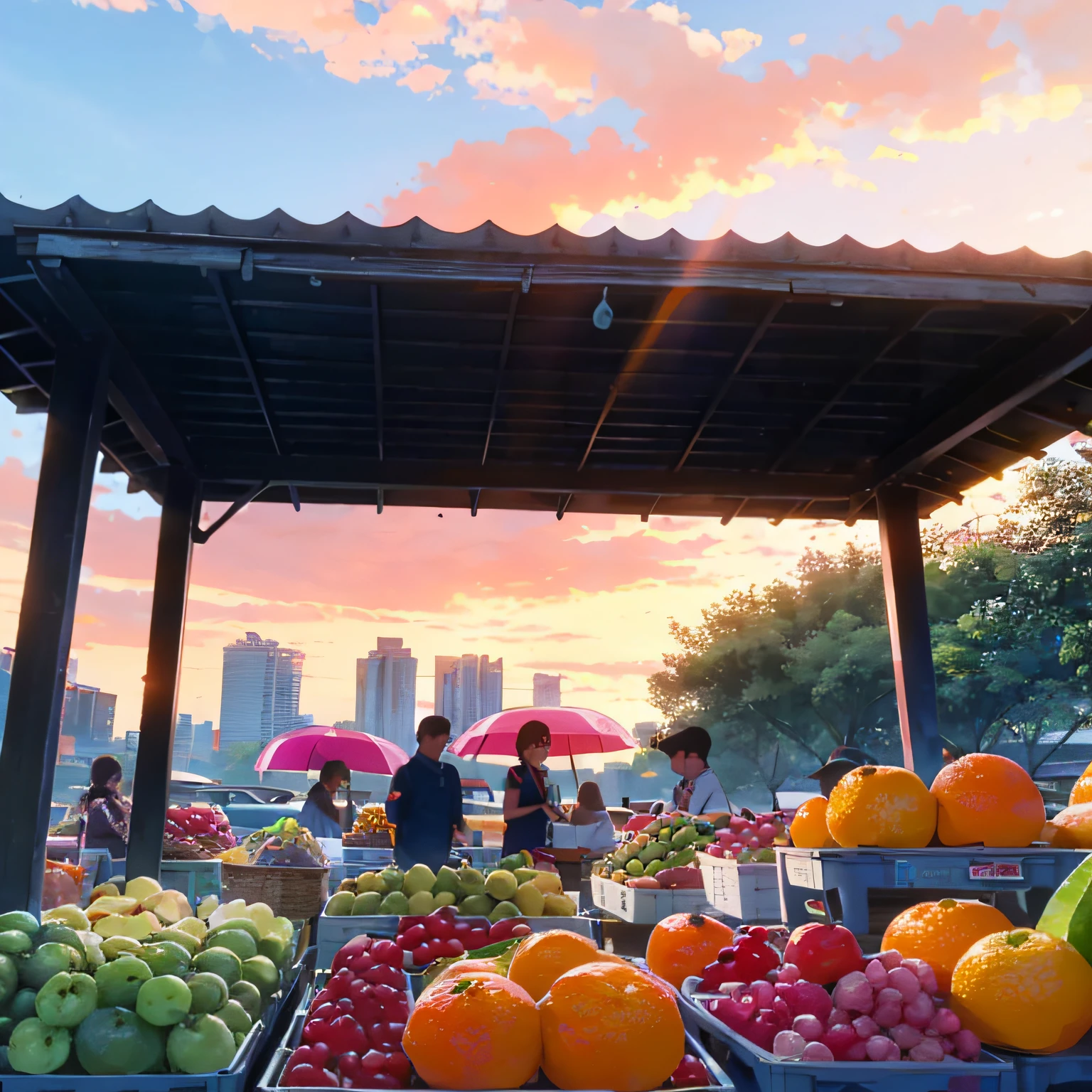 {(fruit market:1.2, colorful:1.1)}{(blue sky:1.2),(pink sky:1.1),(orange sky:1.1)},wide shot,buildings in the background,many people and umbrellas,fruits and vegetables on display,dynamic angle,dynamic pose,floating} --auto