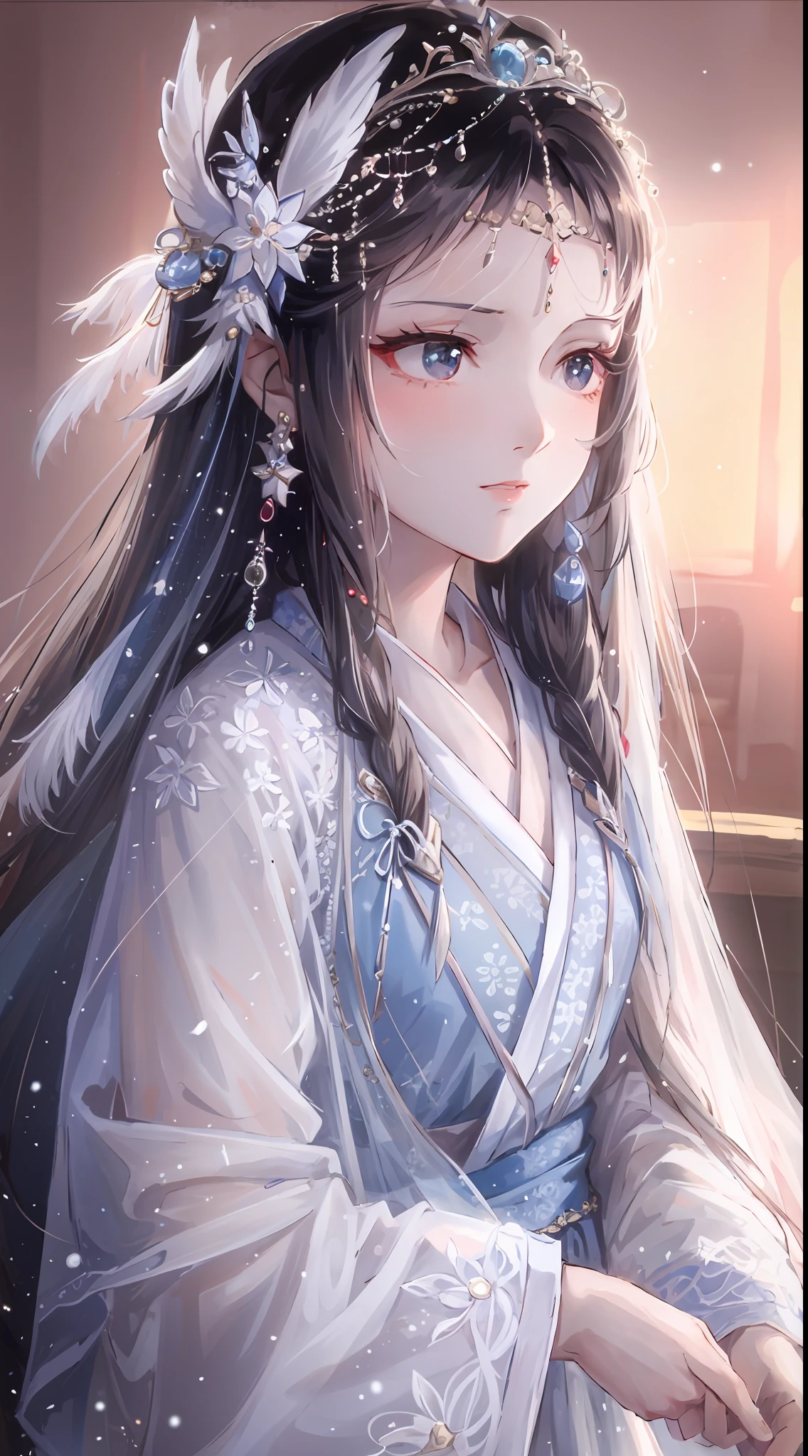 a close up of a woman wearing a white dress and a veil, palace ， A girl in Hanfu, Beautiful character painting, Beautiful young wind spirit, Beautiful anime girl, Ethereal beauty, Guviz-style artwork, Guviz, Anime girl with long hair, a beautiful anime portrait, ((a beautiful fantasy empress)), flowing hair and long robes