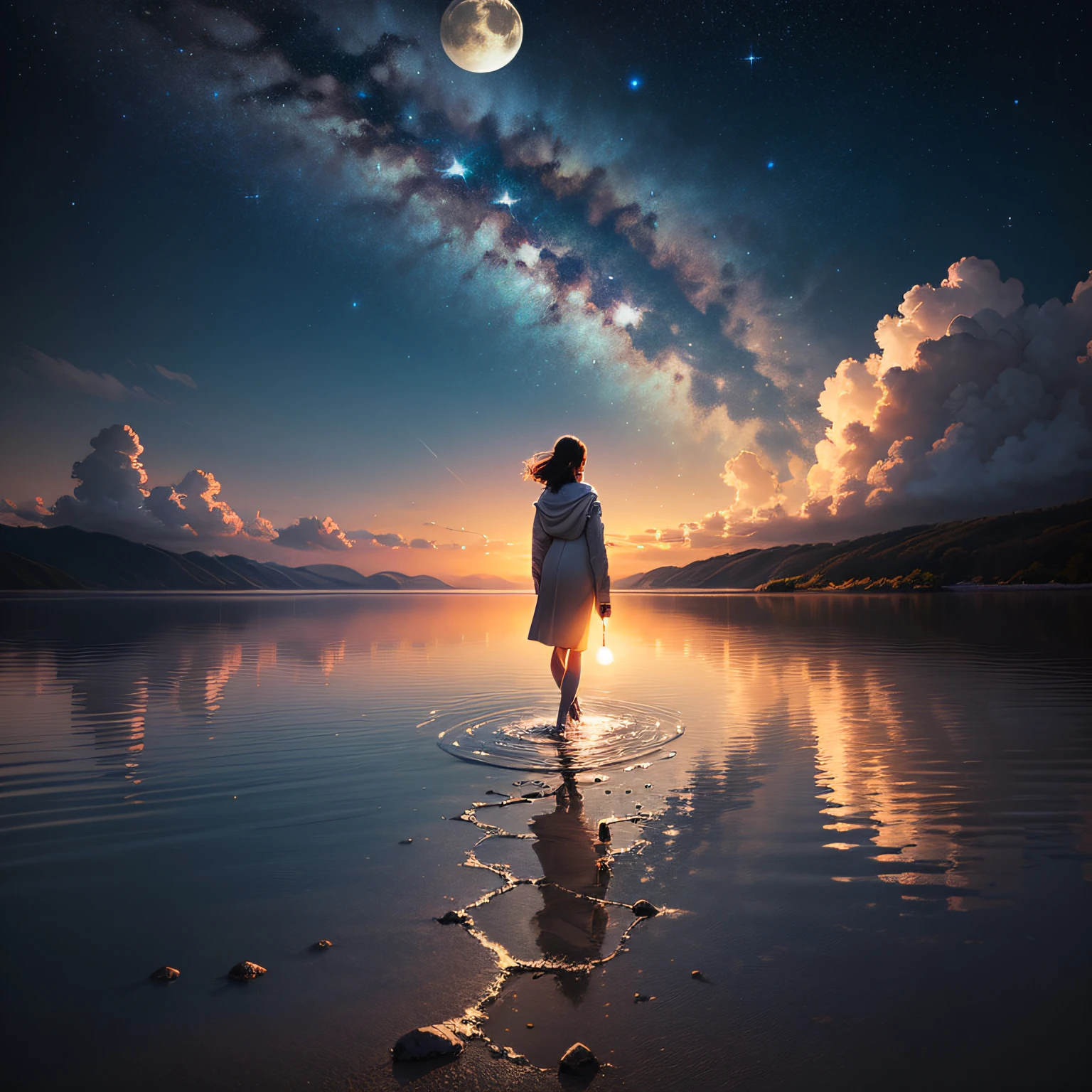 Calm on the lake，Place the lipstick horizontally，The full moon behind shining。No Man，Only the starry sky，Reflective and moonshine are intertwined。The surface of the water is sparkling，Stroll through the planetary supper under the starry sky。Near the moon，Meet the clouds of the Milky Way，It's as beautiful as a solo piece。)