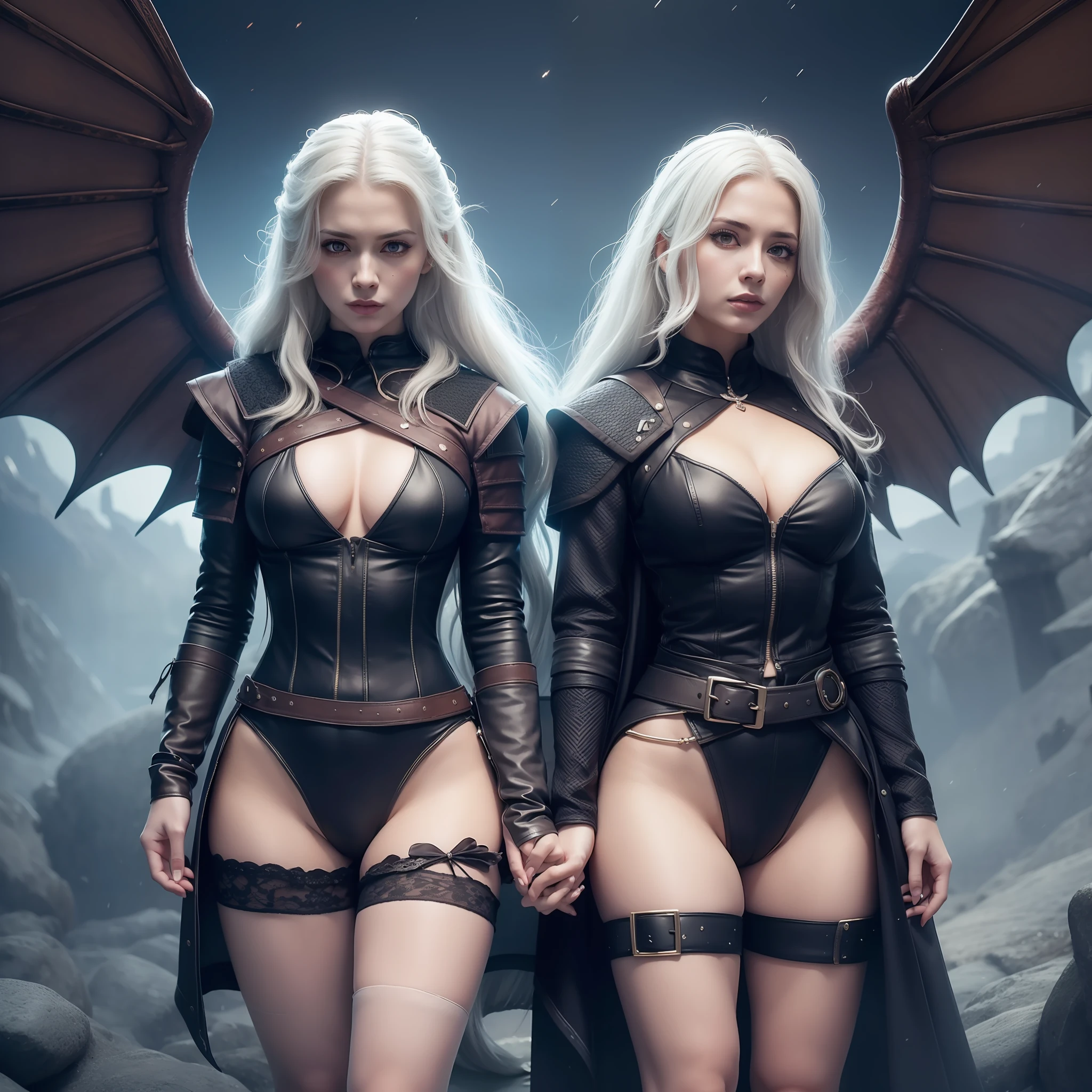 2 girls，Conjoinment，the witcher，evil，Flaming wings，Dark sky，8K high-definition，outstanding，High quality，Cinematic lighting effects