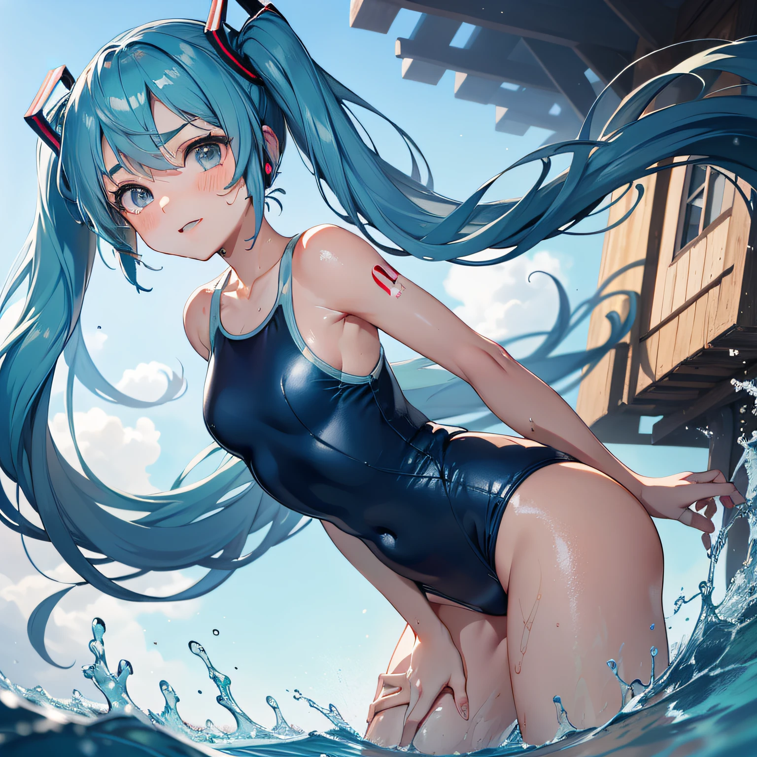 (masterpiece, best quality, 8k wallpaper:1.2 ), ultra detailed, absurdres, highres, long blue-green twintail hair, (hatsune miku:1.3), 9 yo, Elementary school student, short legs, short arms, petit, being stumpy, (bend over forwards deeply from behind), (((buttocks focus))), ((1girl)), (flat chest), (standing, in beach side:1.1), (((glossy slippy smooth texture {blue|black} one-piece japanese school swimsuit:1.3))), flat chest, ((merciful motherfood facial expression)), (Proudly showing flat chest:1.3), (looking at viewer), upper body, close up flat chest, too sweaty body, silky skin, beautiful eyes, long hair flowing with the wind, beautiful smile line, flat chest, big blue eyes, shiny hair, beautiful detailed eyes, beautiful detailed skin, beautiful detailed clothes, Bend sideways, hand on hip, head tilt:1.2, troubled eyebrows, framed double breasts, under bust, too wet skin, too wet clothes, glossy skin, glossy clothes, skindentation, skin tight,
