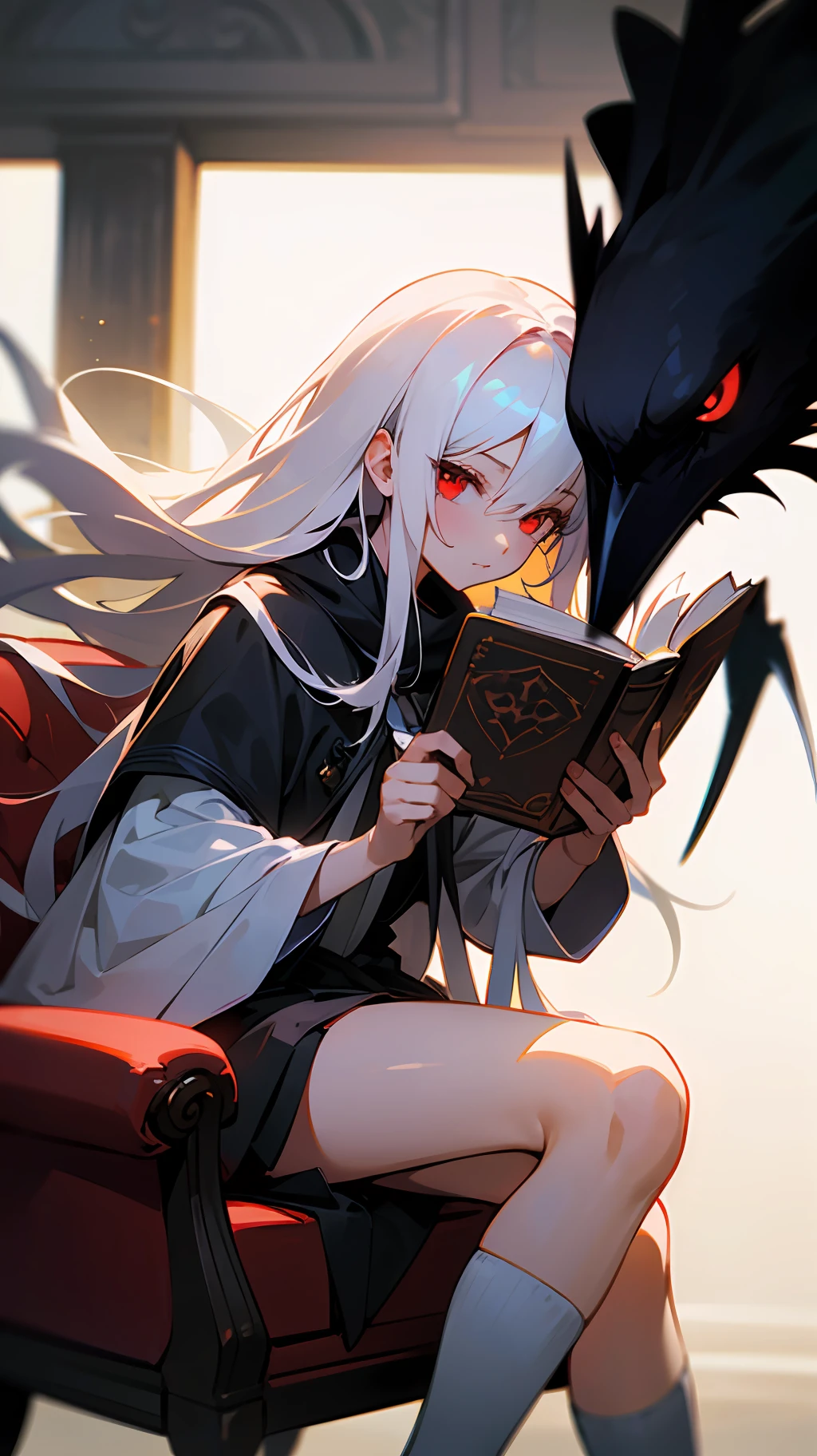 (tmasterpiece,best qualtiy),1 girl with long white hair and red eyes sitting on a chair holding a book,warmly lit,Very astringent,Blurred foreground,There was a crow in the girl's hand,Close-up,black over-the-knee socks --auto